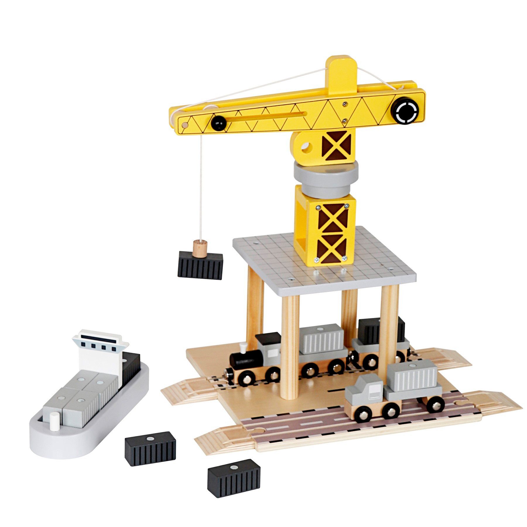 TikTakToo Spielzeug-Kran Baustellen-Set mit Kran aus Holz, (mit LKW, Lok, W günstig online kaufen