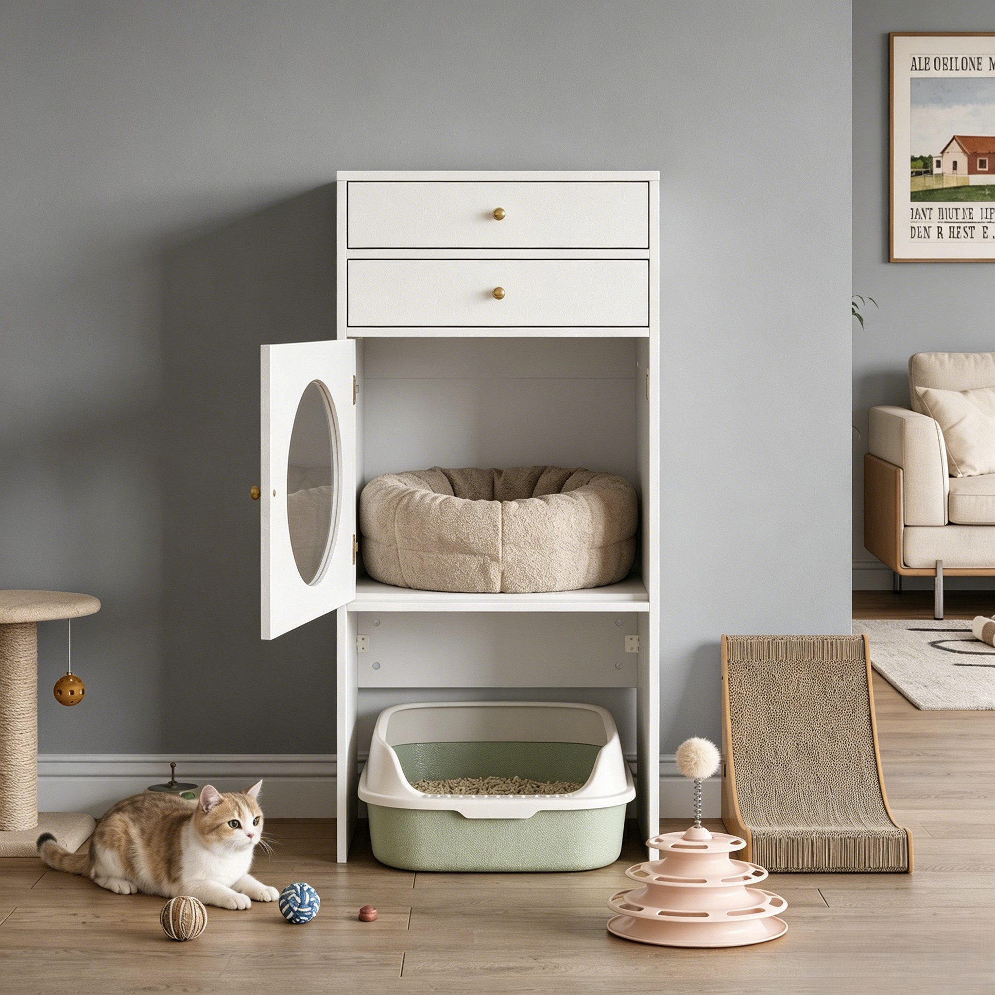 HOMSEE Tierhaus 3-in-1 Katzenschrank mit Katzenhöhle & Katzentoilettenplatz, Platzsparender Vertikalschrank mit 2 Schubladen, 50 x 40,4 x 107 cm