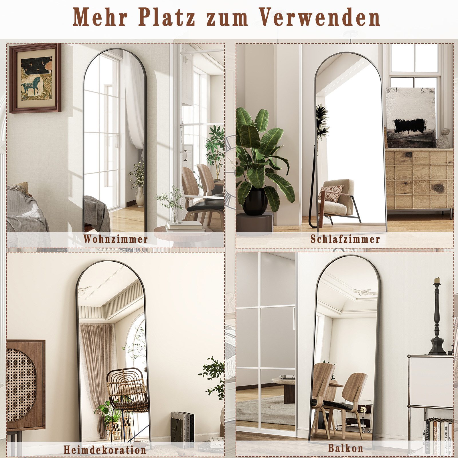 BEAUTYPEAK Standspiegel Bogenspiegel mit Alu-Rahmen (Wandspiegel erhältlich, verstärktes Glas, HD-Spiegelung)