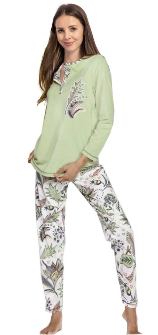 Schlafanzug Damen Mit Pyjama 1 Set, Knopfleiste, Set) DW104 floraler Consult-Tex (Spar Pyjama Druck