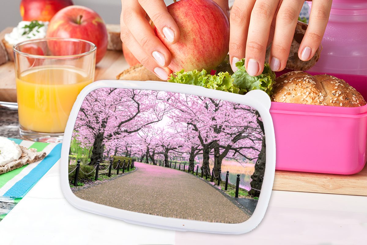 Kunststoff, Kunststoff MuchoWow (2-tlg), Japan, Lunchbox Brotbox Frühling Kinder, rosa - Mädchen, Brotdose Erwachsene, - Sakura für Snackbox,