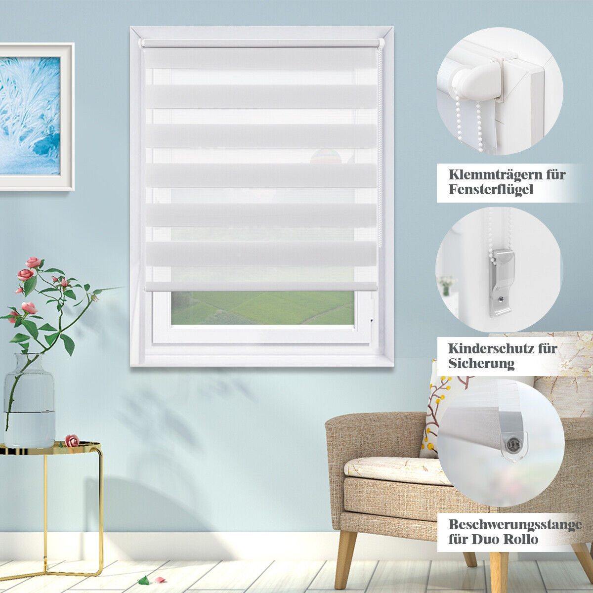 Doppelrollo Fensterrollos Ohne Bohren, Vkele, 130cm/160cm, klemmfix,klemmträger, Sonnenschutz, Lichtdurchlässig und Verdunkelnd. – Bild 4 von 5