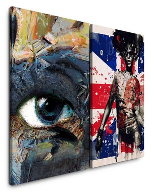 Sinus Art Leinwandbild 2 Bilder je 60x90cm Pop Art Britannien Flagge Farbenfroh Flecken junge Frau Auge