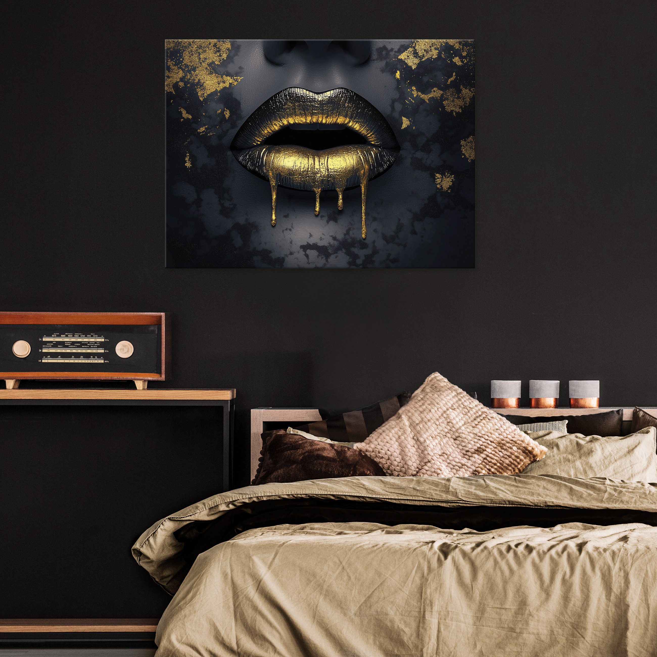 Wallarena Leinwandbild Mund Frau Gold Schwarz Wandbilder XXL Wand Deko Bild günstig online kaufen