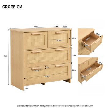 Merax Schubkastenkommode mit Rattangeflecht, Kommode mit 4 Schubladen, Sideboard, Landhaus, B:80cm