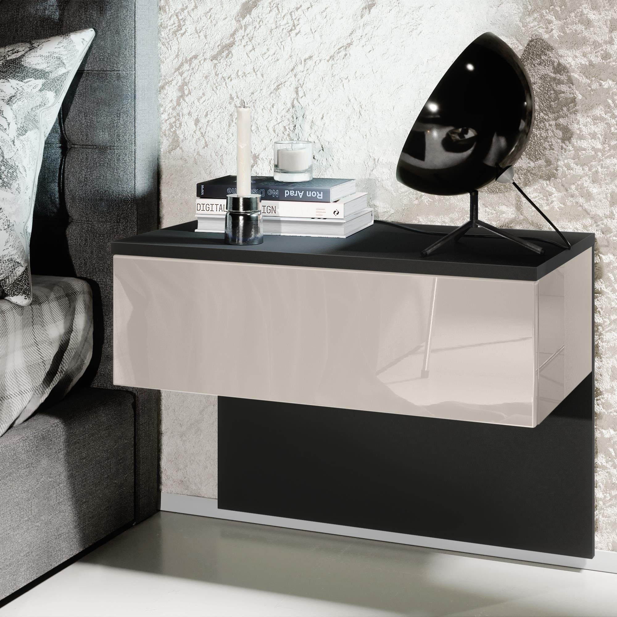 Vladon Nachttisch Sleep (Nachttischschrank, mit Schublade zur Wandmontage), Schwarz matt/Sandgrau Hochglanz (60 x 46 x 35 cm)