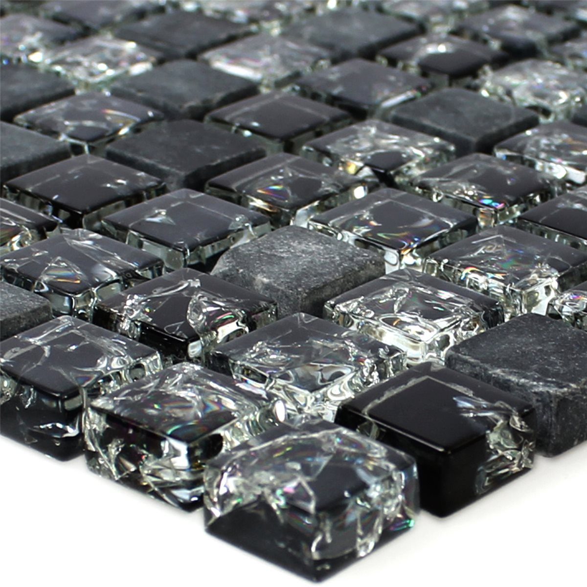 Mosafil Mosaikfliesen Glas Naturstein Mosaikfliesen Malawi Bruchglas Quadrat, Naturstein-Glas-Marmor 30.500x30.500, schwarz, Verlegefertig auf ein Netz geklebt - Frostsicher - Wasserfest