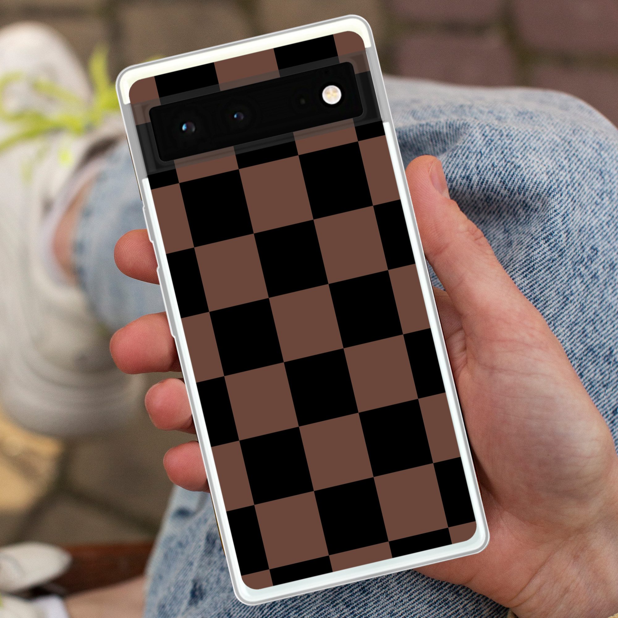 MuchoWow Handyhülle für Google Pixel 6 Schachbrettmuster - Braun - Schwarz - Blöcke, Handy Case, Silikon, Bumper Case Dünn