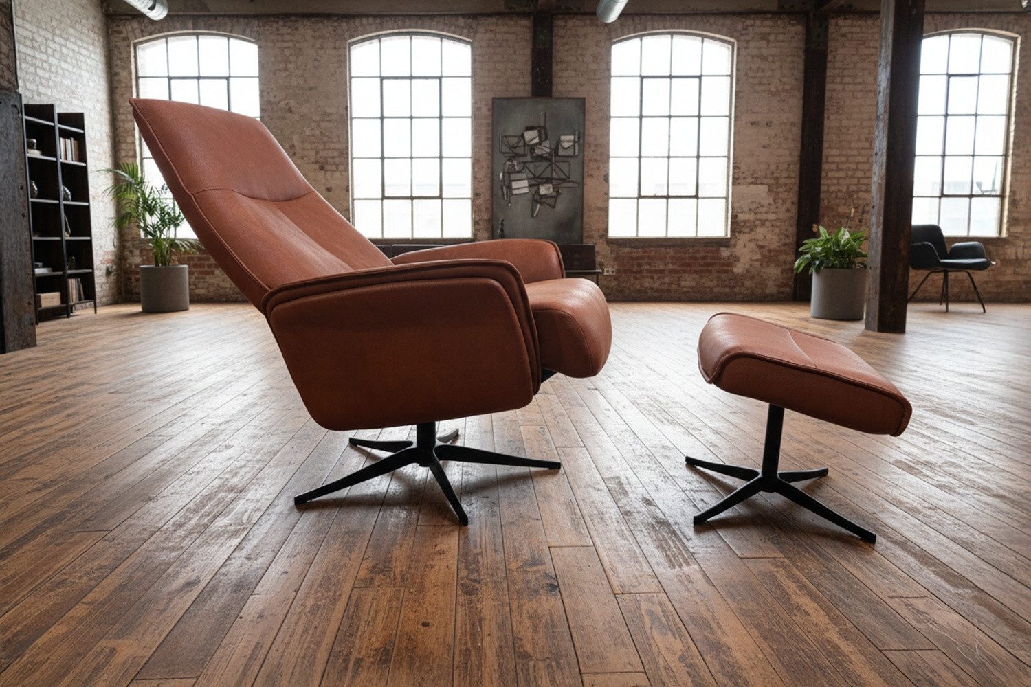 KAWOLA Relaxsessel JOSIANE Lederfaserstoff cognac Komfort Drehsessel, 360° drehbar, Relaxfunktion, Kopfstütze, inklusive Fußhocker
