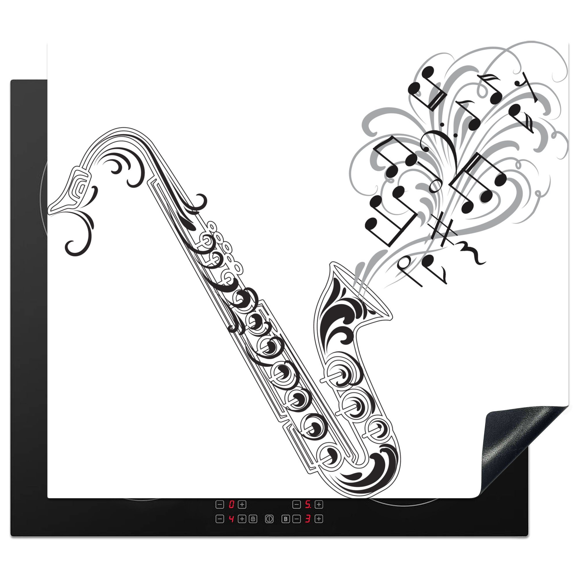 MuchoWow Herdblende-/Abdeckplatte Schwarz-Weiß-Abbildung eines Saxophons mit Musiknoten, Vinyl, (1 tlg), 57x51 cm, Induktionsschutz, Induktionskochfeld, Ceranfeldabdeckung