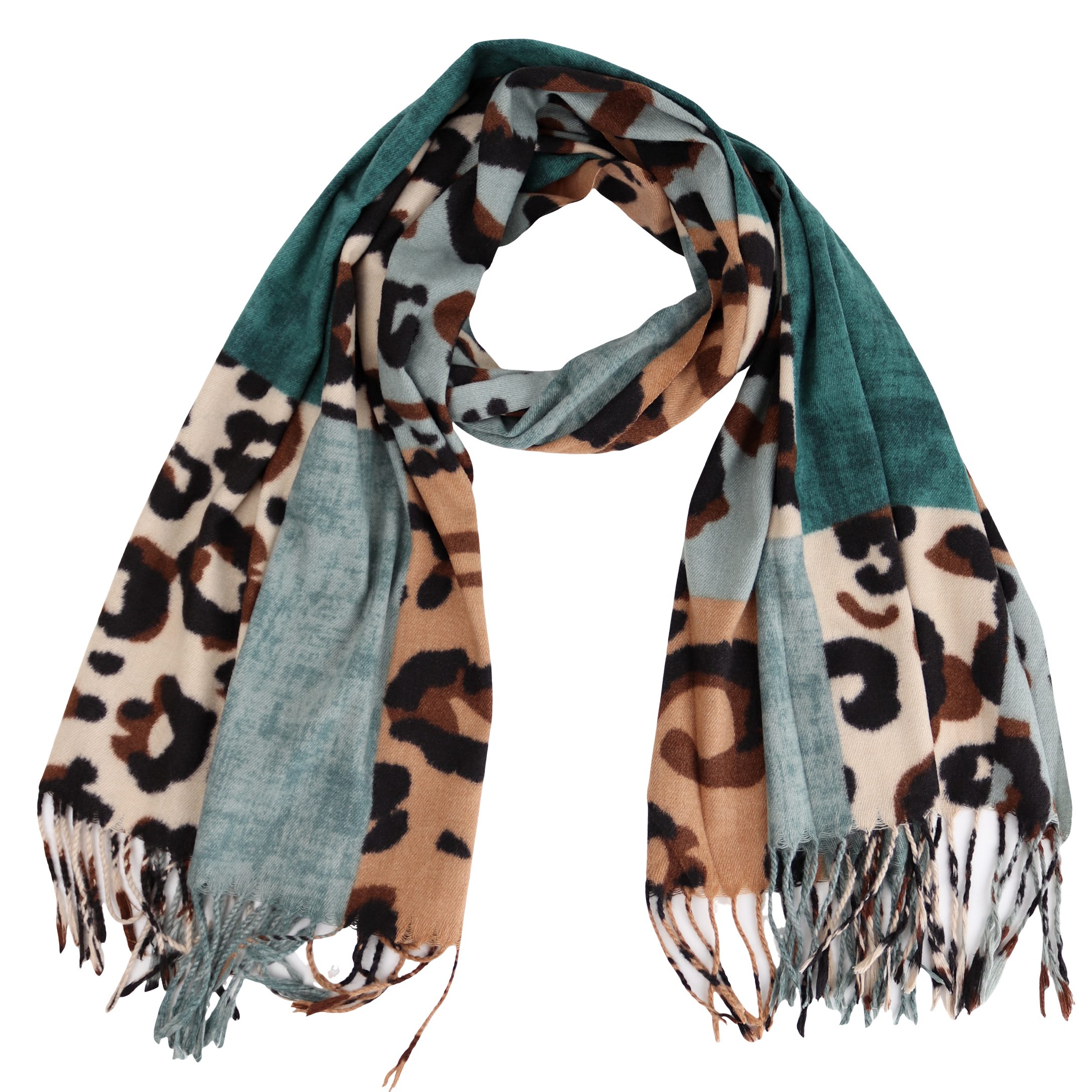 Modeschal weicher und warmer Schal Leo Karo Muster mit Fransen, 70x180cm