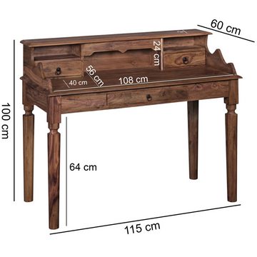 Wohnling Schreibtisch WL1.751 (Sheesham Massivholz 115x100x60 cm mit Schubladen), Sekretär im Landhausstil, Konsolentisch Stauraum