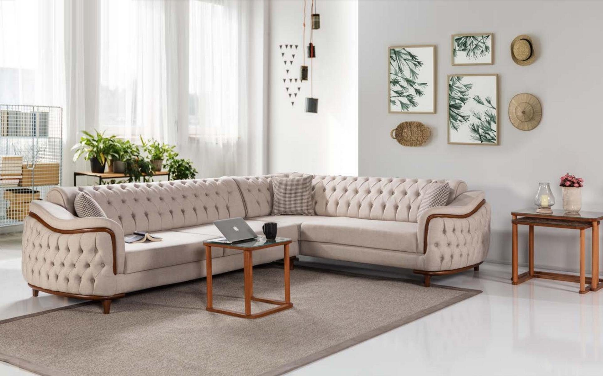 JVmoebel Ecksofa Beige Chesterfield Couch mit Holz Elementen Luxus Ecksofa Eckcouch, Made in Europe