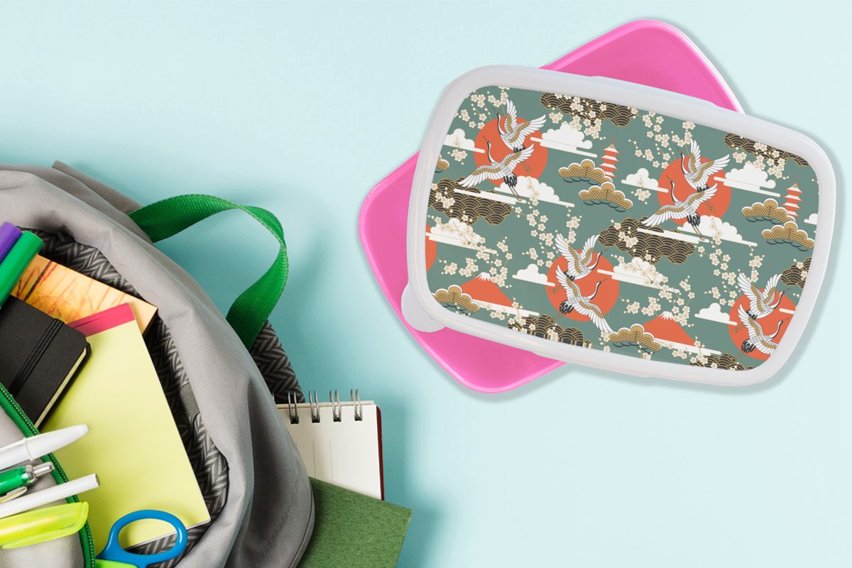 Sonne - (2-tlg), Brotbox - Mädchen, Lunchbox Muster, für Brotdose Snackbox, Kunststoff, Kinder, Kranich rosa MuchoWow Kunststoff Erwachsene, - Sakura
