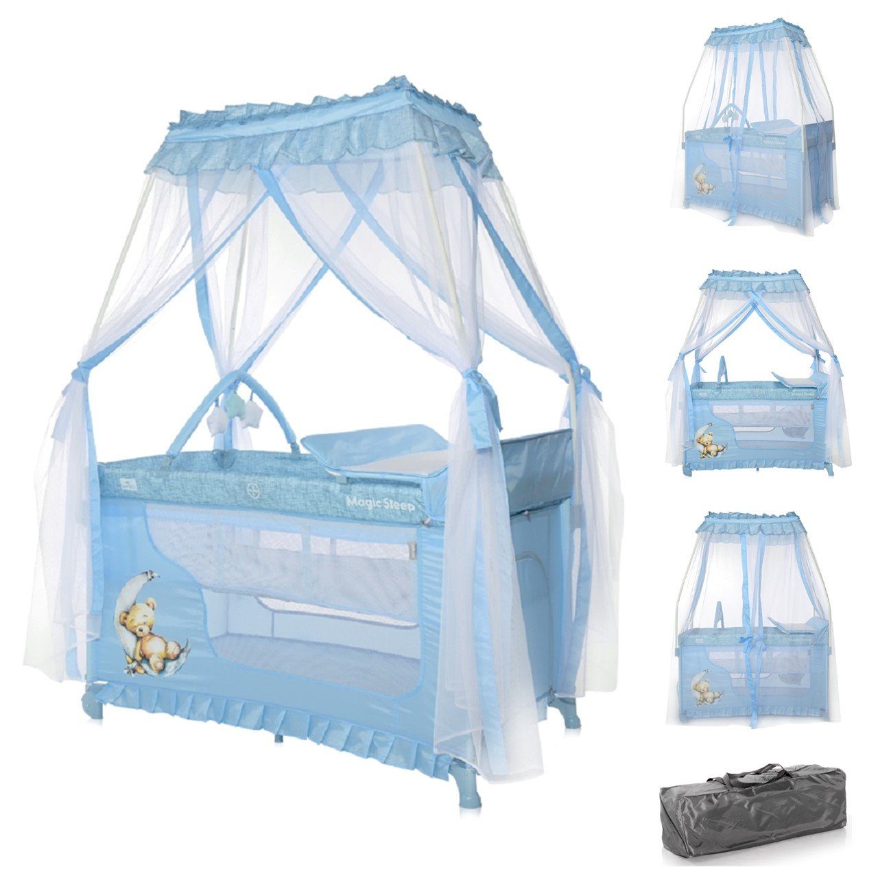 Lorelli Baby-Reisebett Reisebett, Laufstall Magic Sleep, 2 Ebenen Baldachin Mobile Wickelauflage faltbar