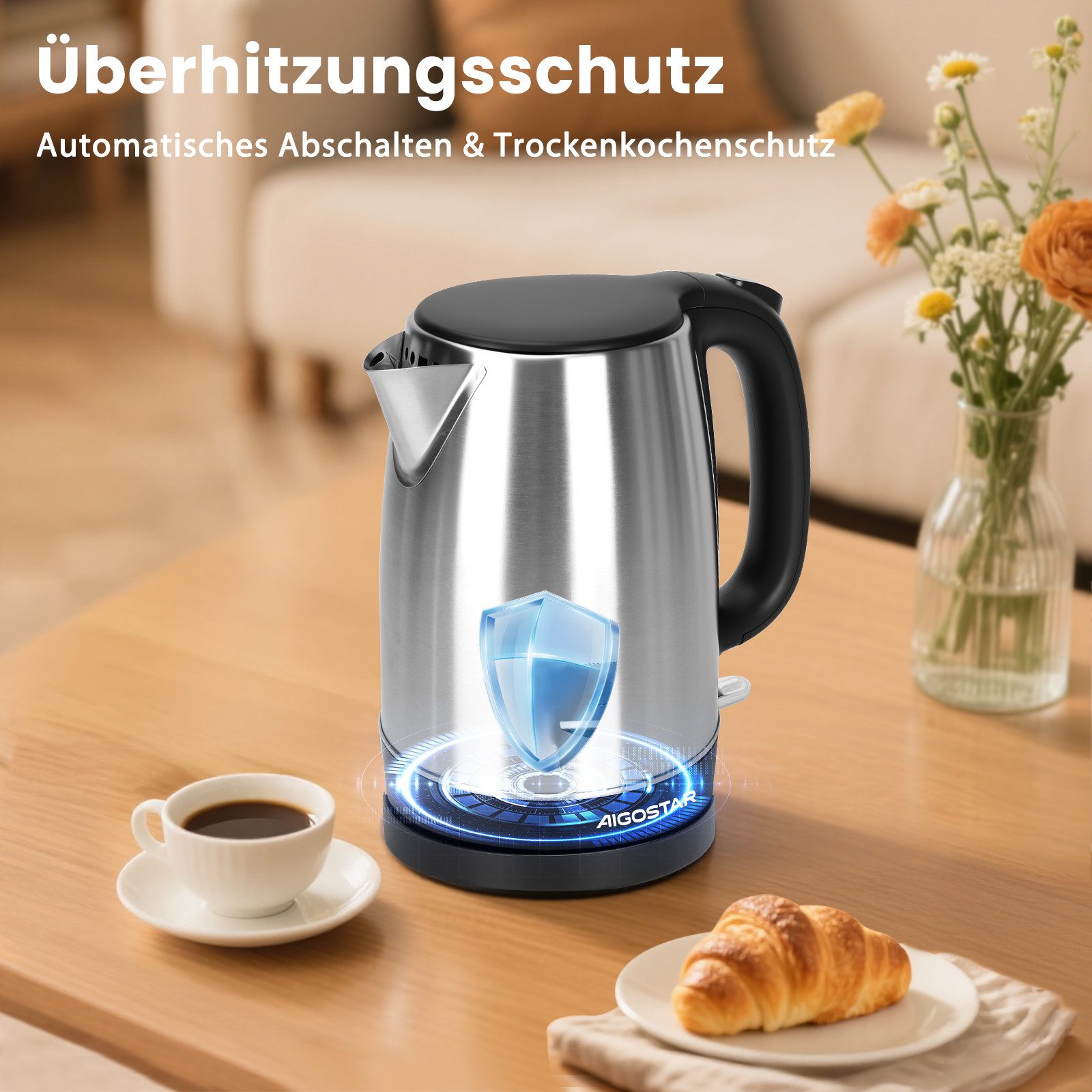 Aigostar Wasserkocher Wasserkocher Edelstahl 1,7 L, 2200W, Abschaltautomatik, Wasserkocher Edelstahl 1,7 L, 2200W, Abschaltautomatik