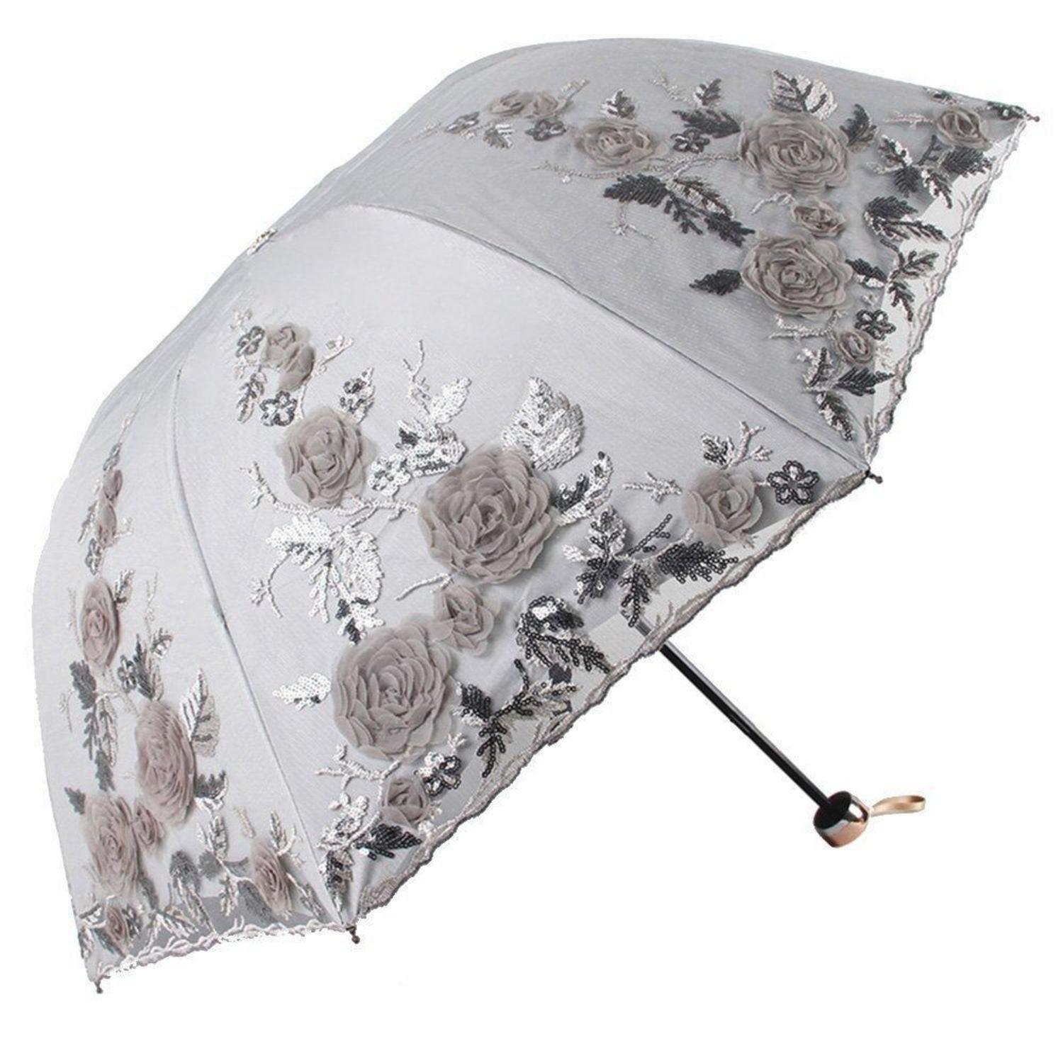 LuxusKollektion Stockregenschirm Spitzensonnenschirm Hochzeit Grau 3-fach