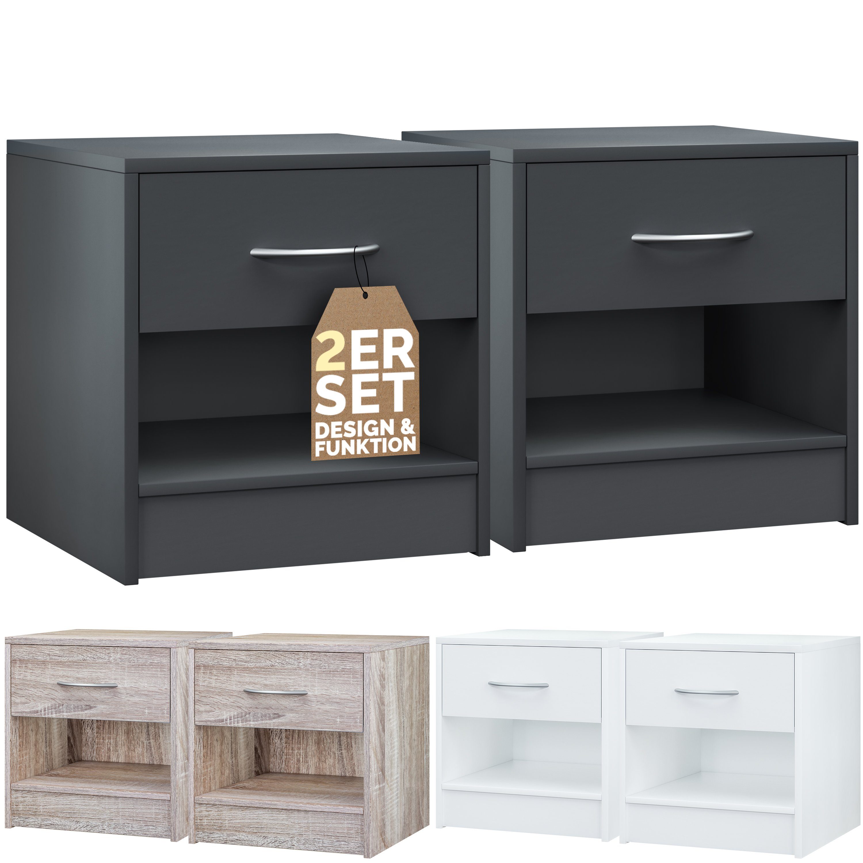 Holz Grau Schlafzimmer Nachttisch Casaria Nachtschrank Schublade Bett mit Modern Kiel (2-St), 41x39x28cm