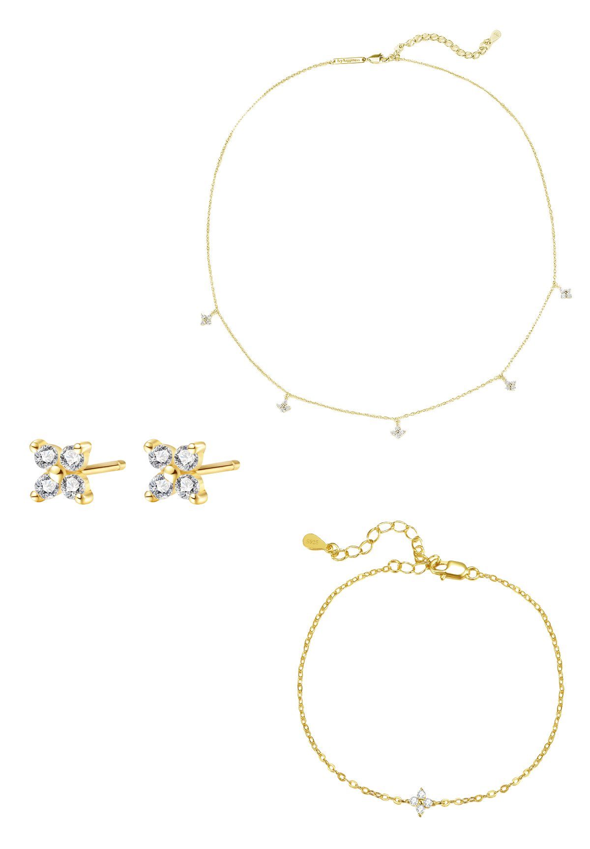 Ohrring und Ketten Set Armband Silber 925 Damen Blume Kristalle hängend, 18K vergoldet