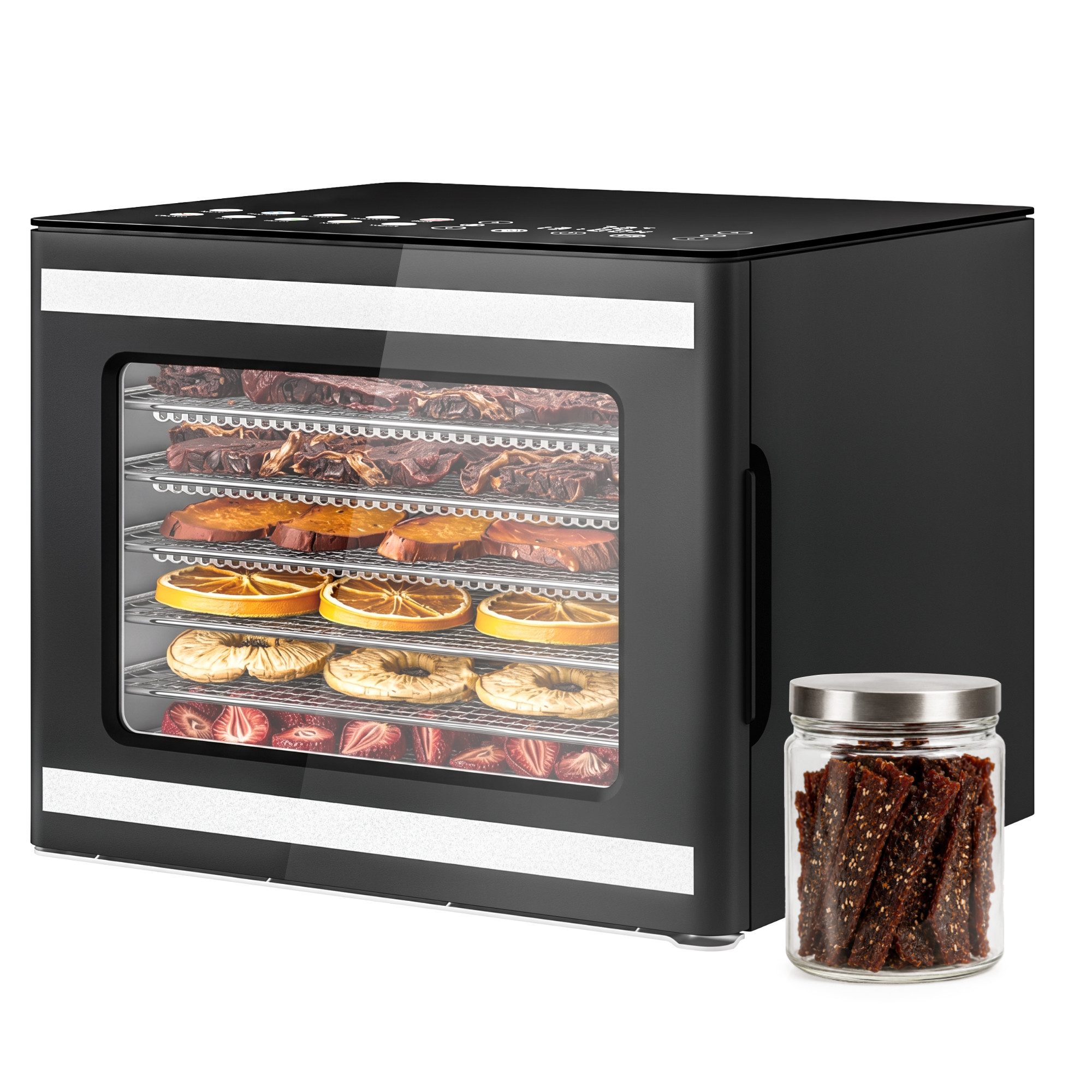 Furnicopia Dörrautomat Edelstahl Lebensmitteltrockner – 10 Tabletts, 48h, 850W 550 W, 6 Etagen, 360°-Umluft, 24-h-Warmhalten, für Obst, Jerky u. a., inkl. Rezeptbuch