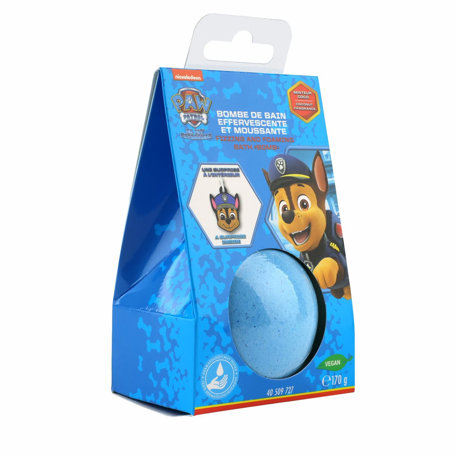 HF Home Flair Badekugel 1x Paw Patrol Badebombe - große Badekugel Chase mit Überraschung, 1-tlg., blaue Badekugel - Kokosduft - Vegan- 170g