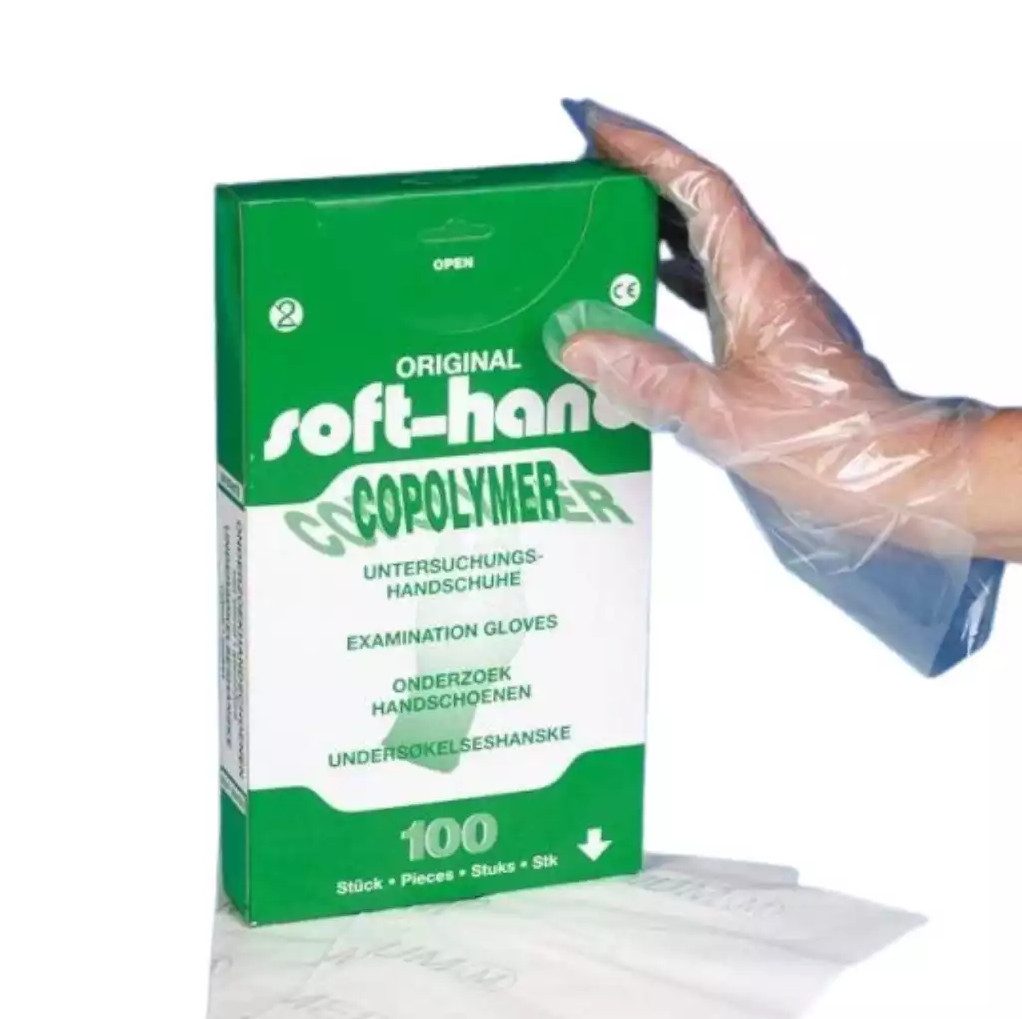 DocMed Einweghandschuhe Soft-Hand Copolymer - unsteril (Pflegehandschuhe, 100-St., Unsteril Untersuchungshandschuhe, Flexibel und komfortabel) Praktische Verpackung:, Leichtes Anziehen