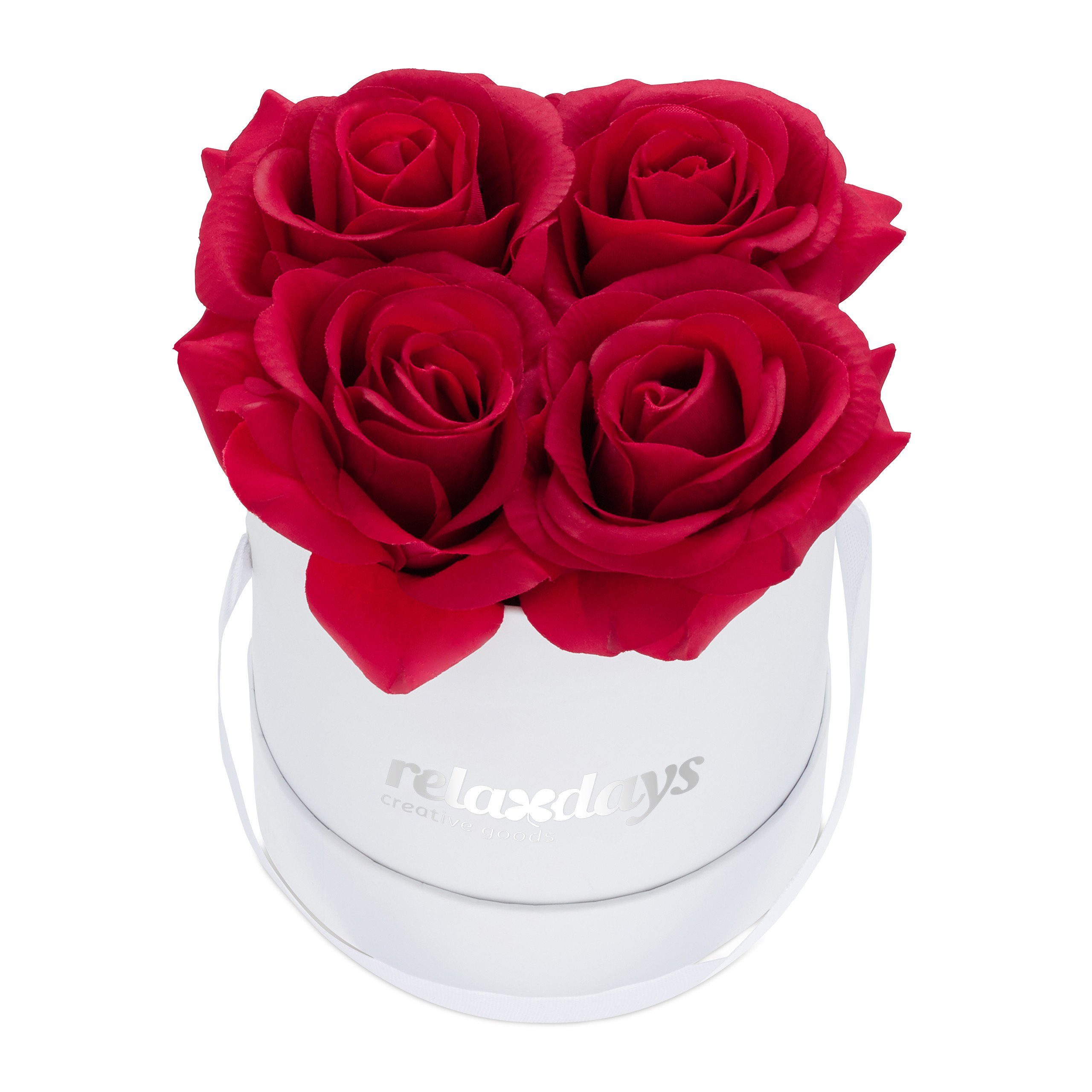 relaxdays Papierblumen Weiße Rosenbox rund 4 Rosen, rot