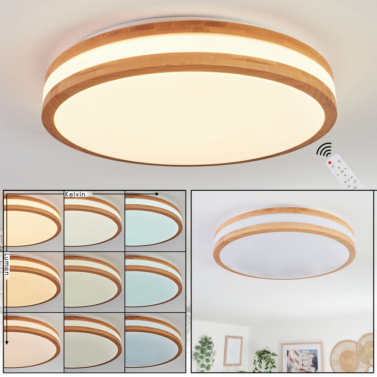 hofstein Deckenleuchte dimmbare Deckenlampe aus Metall/Bambus/Kunststoff in Weiß/Natur, LED fest integriert, 3000 - 6000 Kelvin, Leuchte im Boho-Design, 2500 Lumen, LED 24 Watt, inkl. Fernbedienung