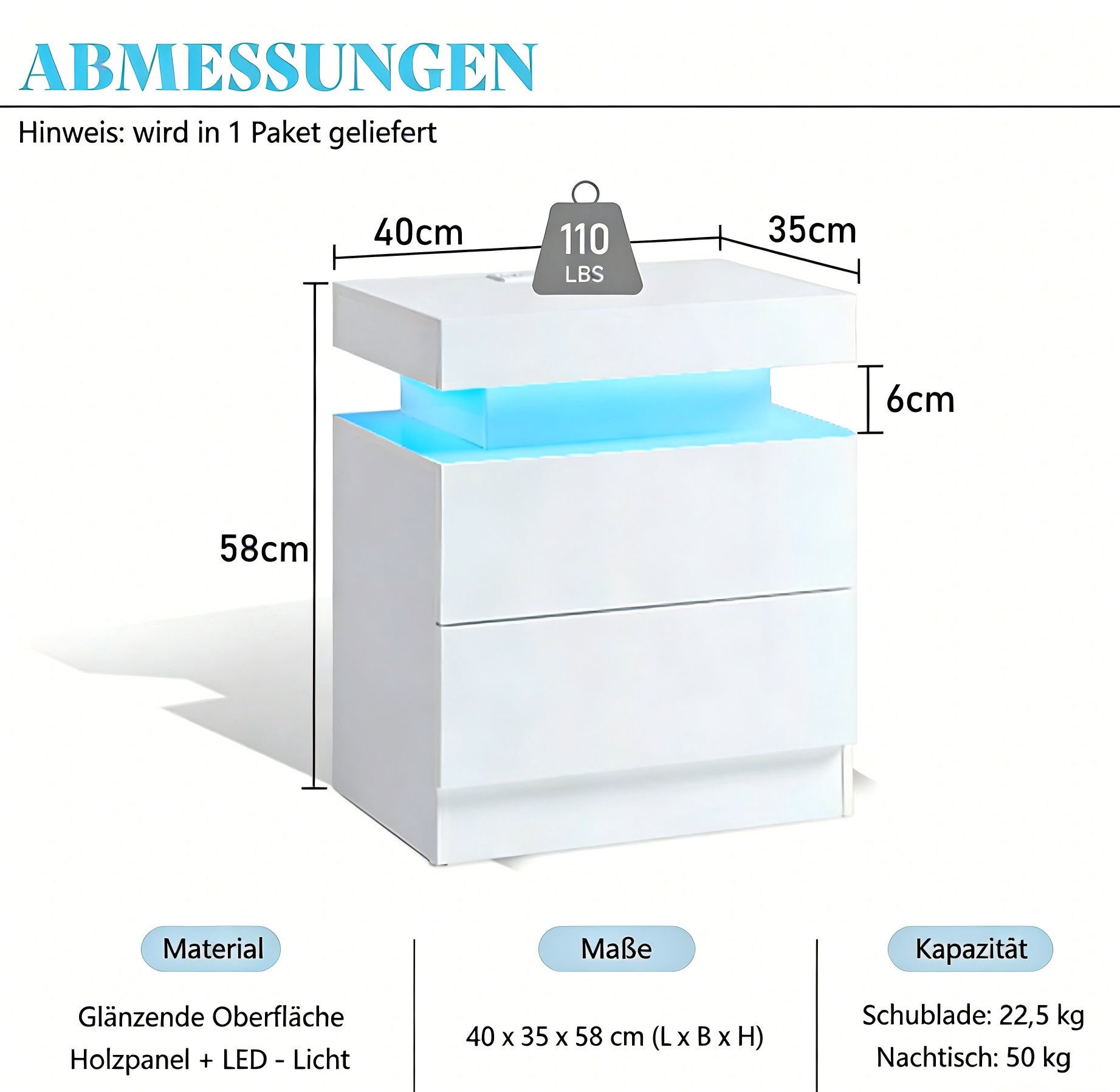 AMERLIFE Nachttisch 2er-Set, Hochglanz Weiß, 58x40x35 cm, mit RGB-LED-Beleuchtung (2-St), 3-in-1-Ladestation, 2 Schubladen, moderner Beistelltisch