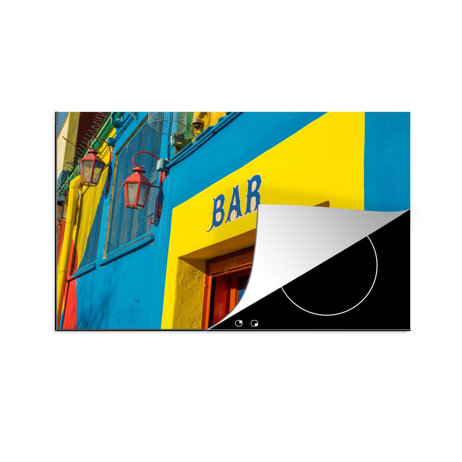 MuchoWow Herdblende-/Abdeckplatte Foto des Eingangs zu einer Bar im argentinischen Stadtteil La Boca, Vinyl, (1 tlg), 81x52 cm, Induktionskochfeld Schutz für die küche, Ceranfeldabdeckung