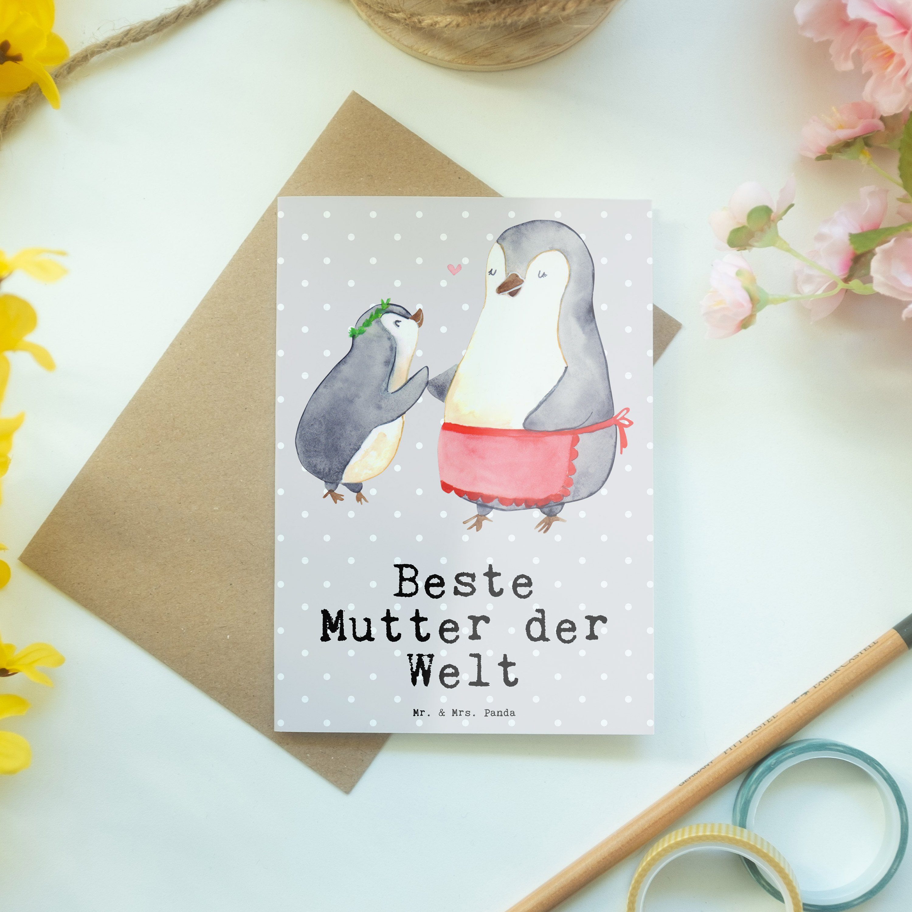 der Mr. Geschenk, Welt Mrs. - Pinguin Grau Pastell & Danke, Mutter Beste - Panda Mami Grußkarte