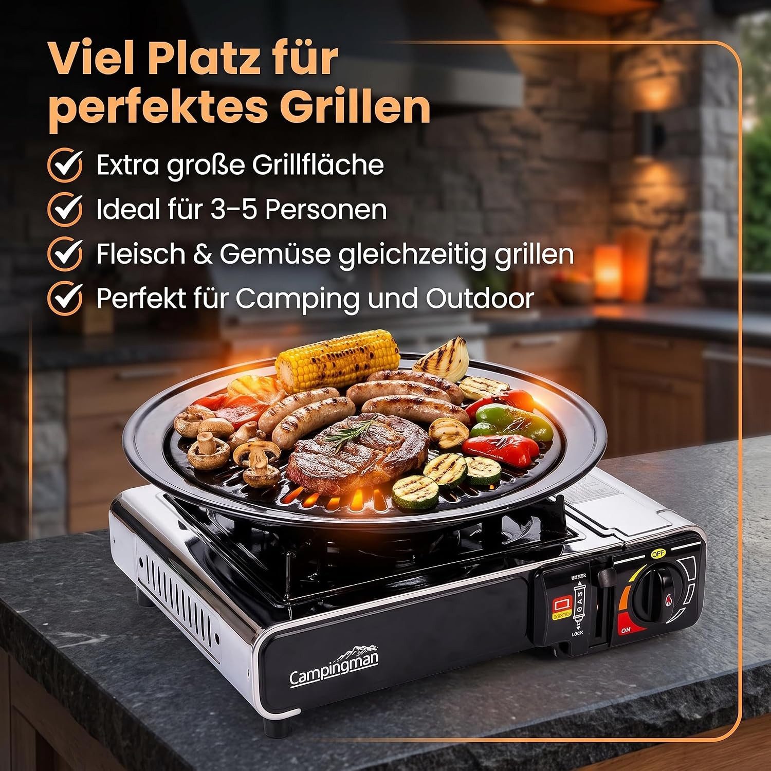 Campingman Grillplatte Campingman Grillplatte für Gaskocher Ø 31,5 cm (Grillzubehör-Set, 1-St., Grillplatten-Set mit Fettauffangschale & Griff für Camping), Sta – Bild 5 von 5