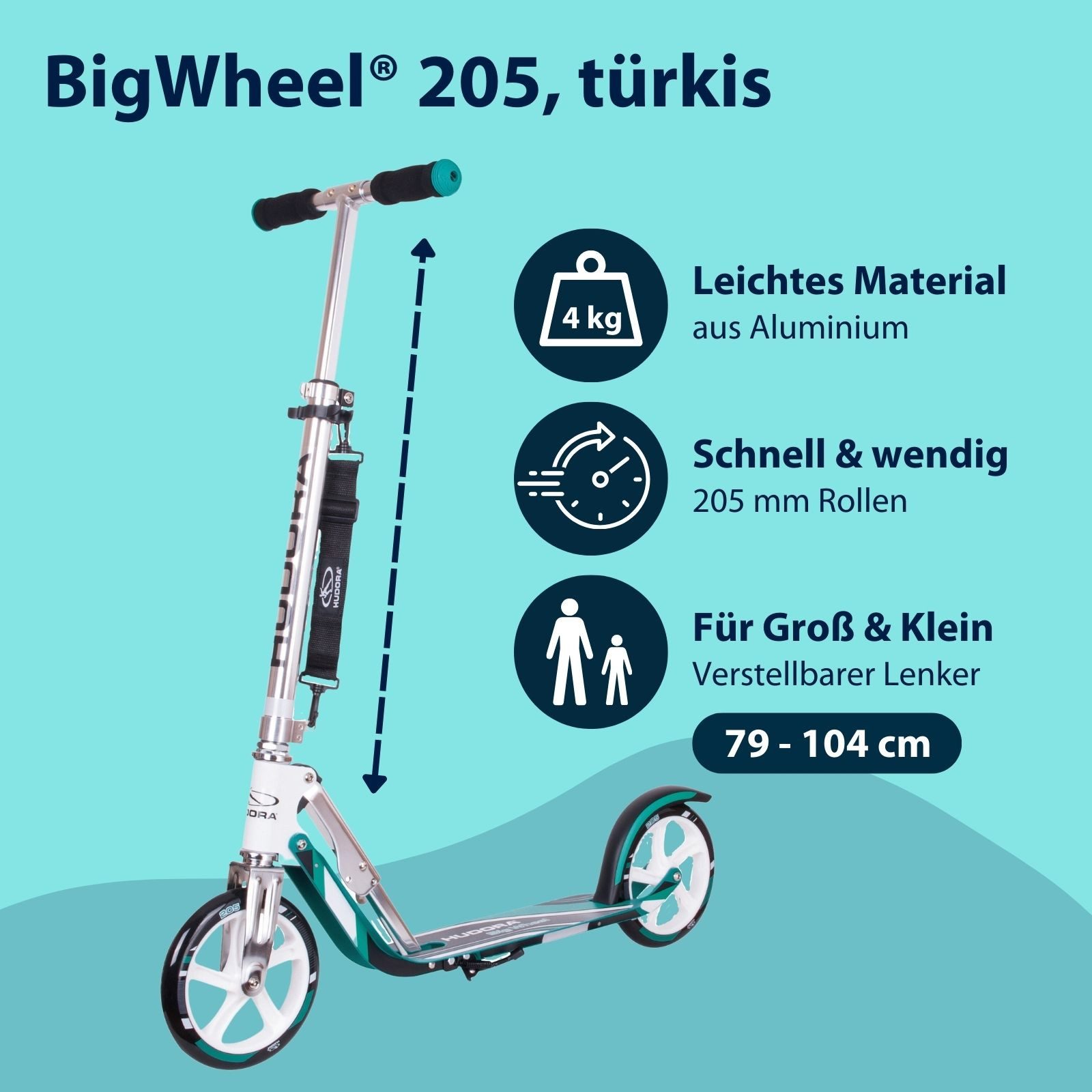 Hudora Cityroller BigWheel® 205 Tretroller - Höhenverstellbar & zusammenklappbar, (Kinder- & Erwachsenenroller für bis zu 100kg - Tretroller mit Ständer, Stabiler Aluminium-Roller), einklappbarer, höhenverstellbarer Kick-Scooter
