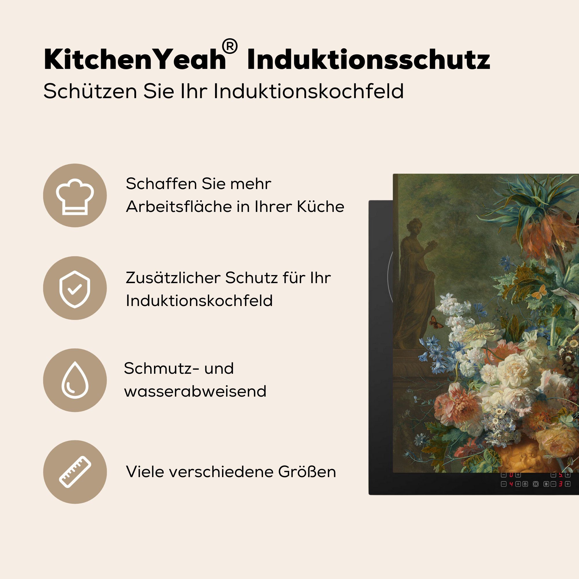 MuchoWow Herdblende-/Abdeckplatte Stilleben - Gemälde tlg), küche von van Vinyl, (1 Jan Arbeitsplatte Ceranfeldabdeckung, Huysum, mit Blumen für cm, 78x78
