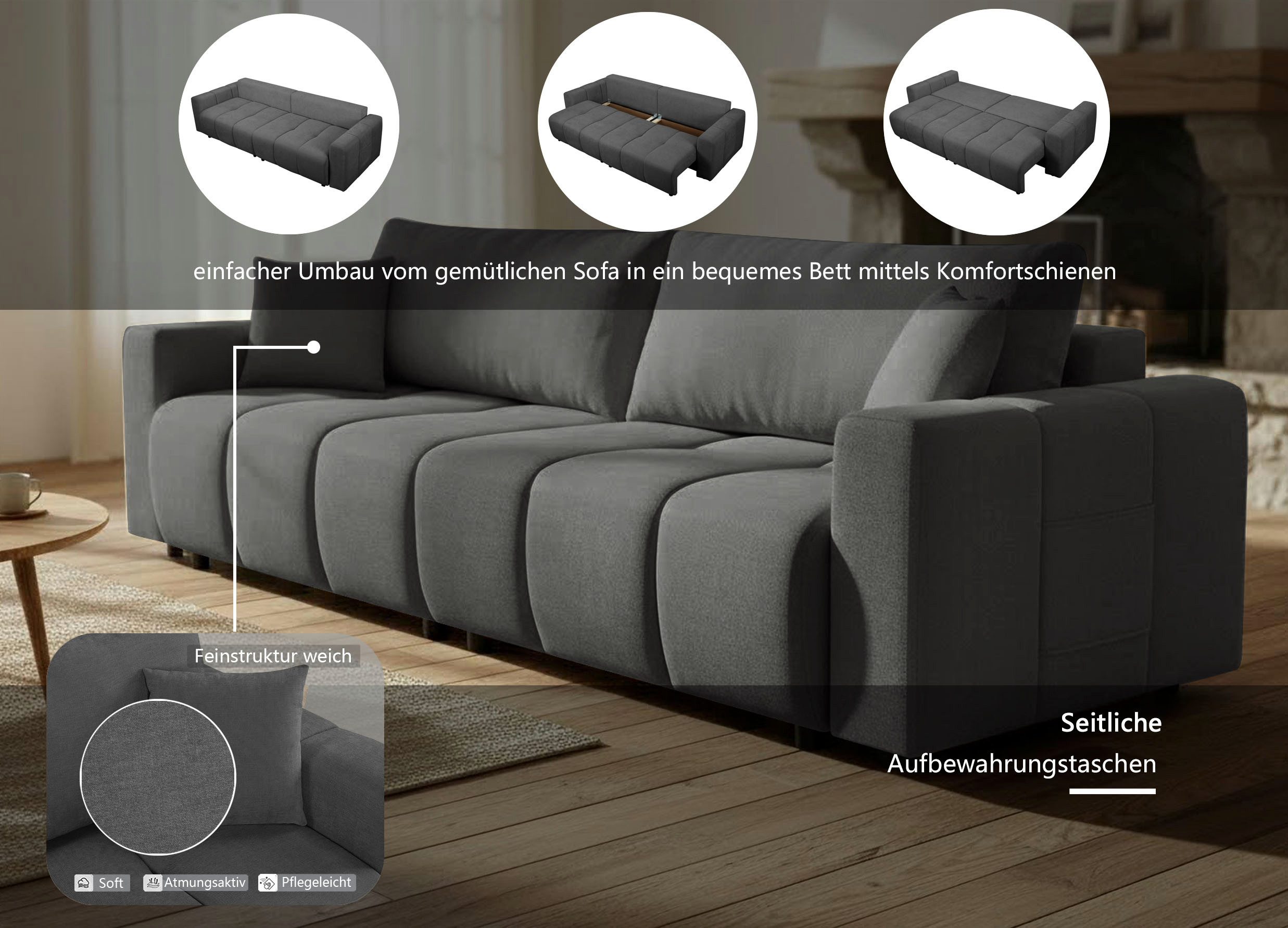 OTTO home Schlafsofa YLVAA 3-Sitzer, 239 cm - OTTO. Verlässliche Qualität., Schlaffunktion (132/198), Bettkasten, Feinstruktur-Bezug