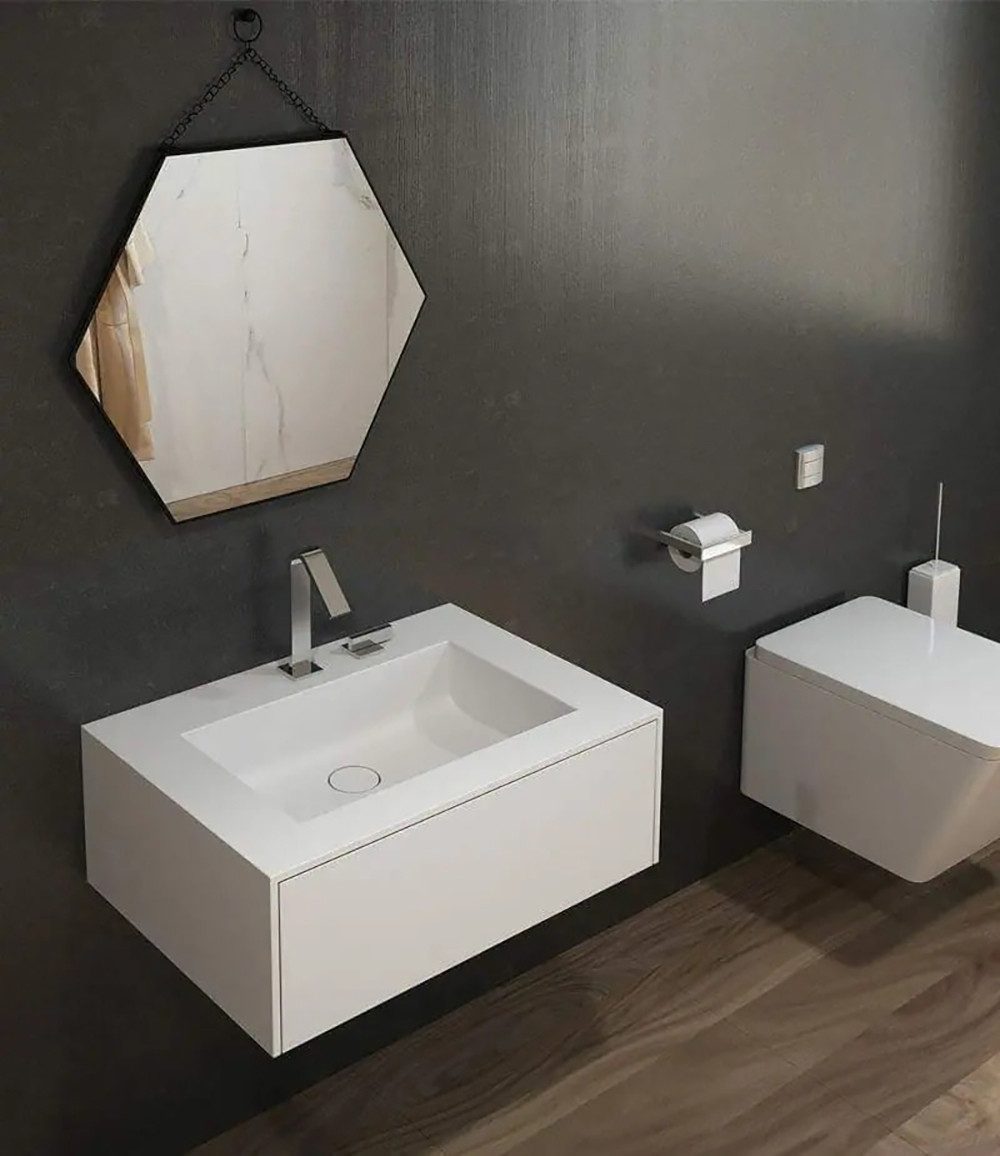 Henneke Waschtisch Corian® PureOne mit Becken eckig und Unterschrank einreihig mittig