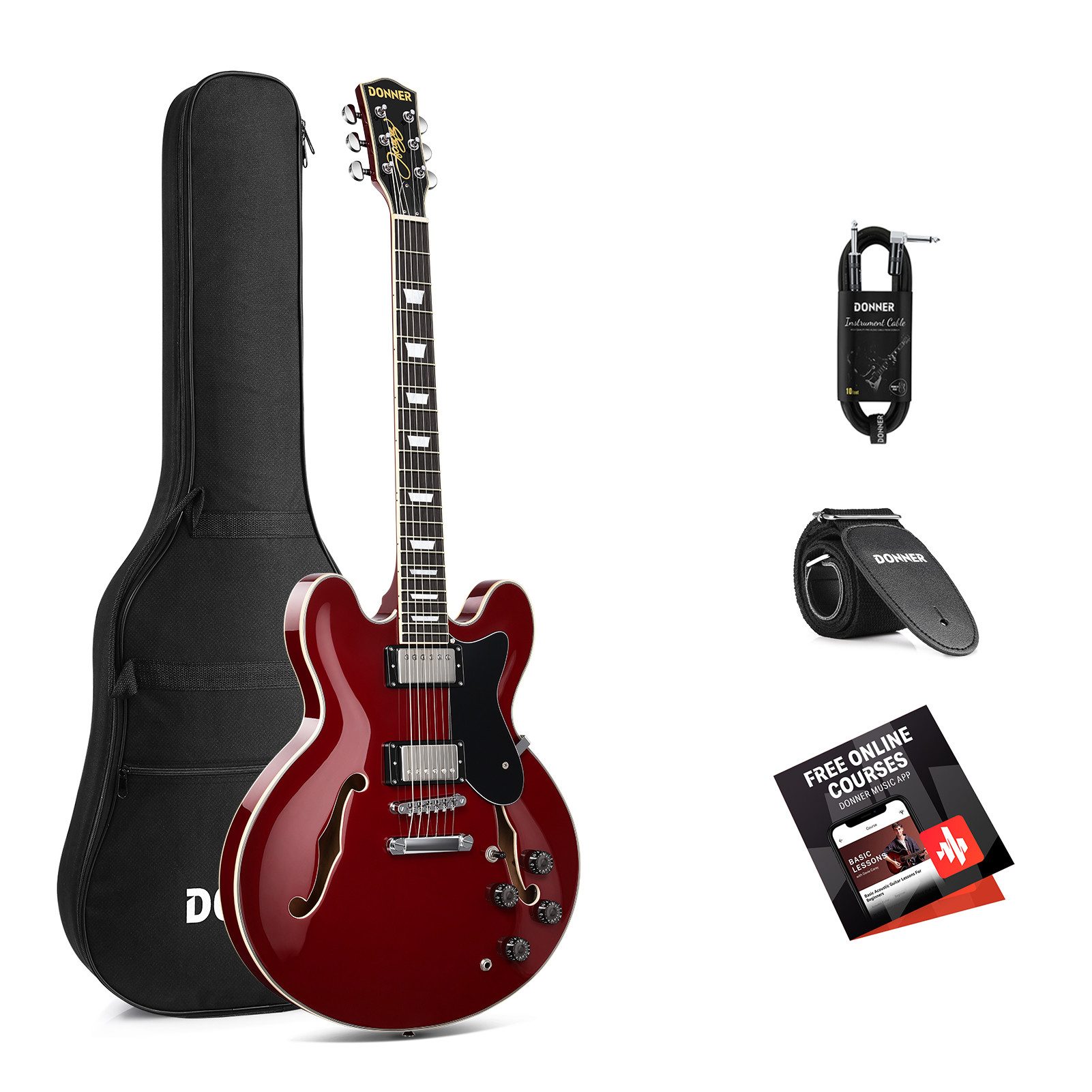 Donner E-Gitarre Jazz E-Gitarre 70er-Jahre Sound Semi-Hollow, DJP-1000, Semi-Hollowbody mit Double-Cutaway, Zwei Humbucker mit Coil-Split-Funktion