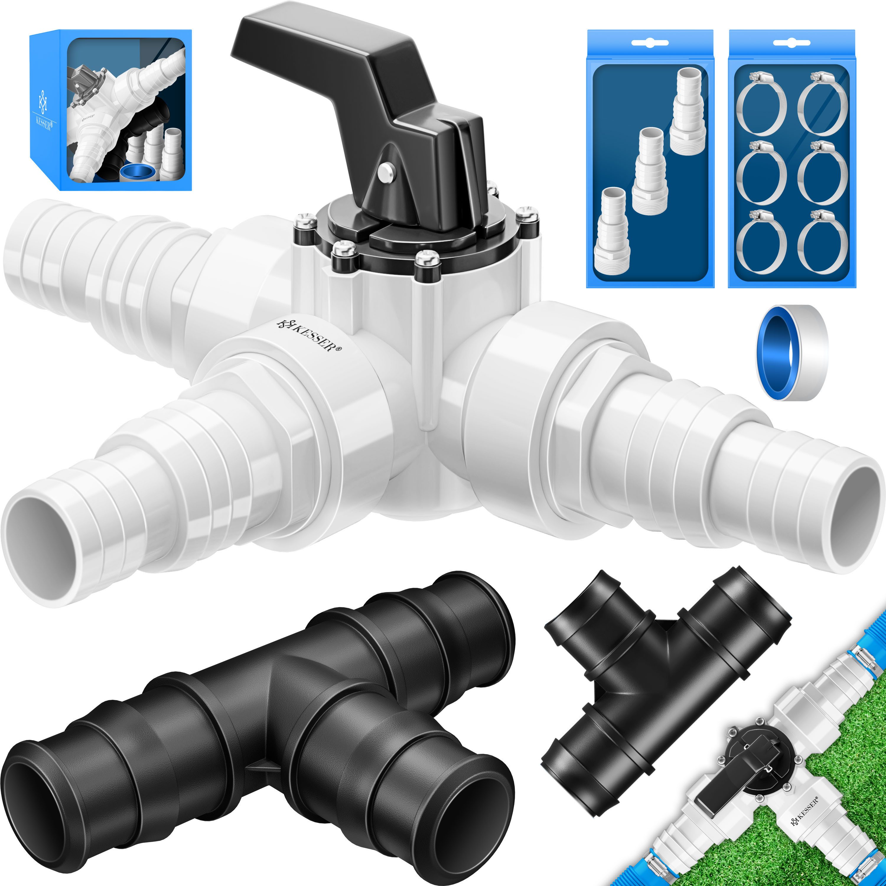 KESSER Poolschlauch mit 6x Edelstahl-Schlauchschellen & 8m Teflon-Dichtband, (12-teilig 3-Wege Ventil Anschluss & ABS-Adapter Ø32 & Ø38mm)