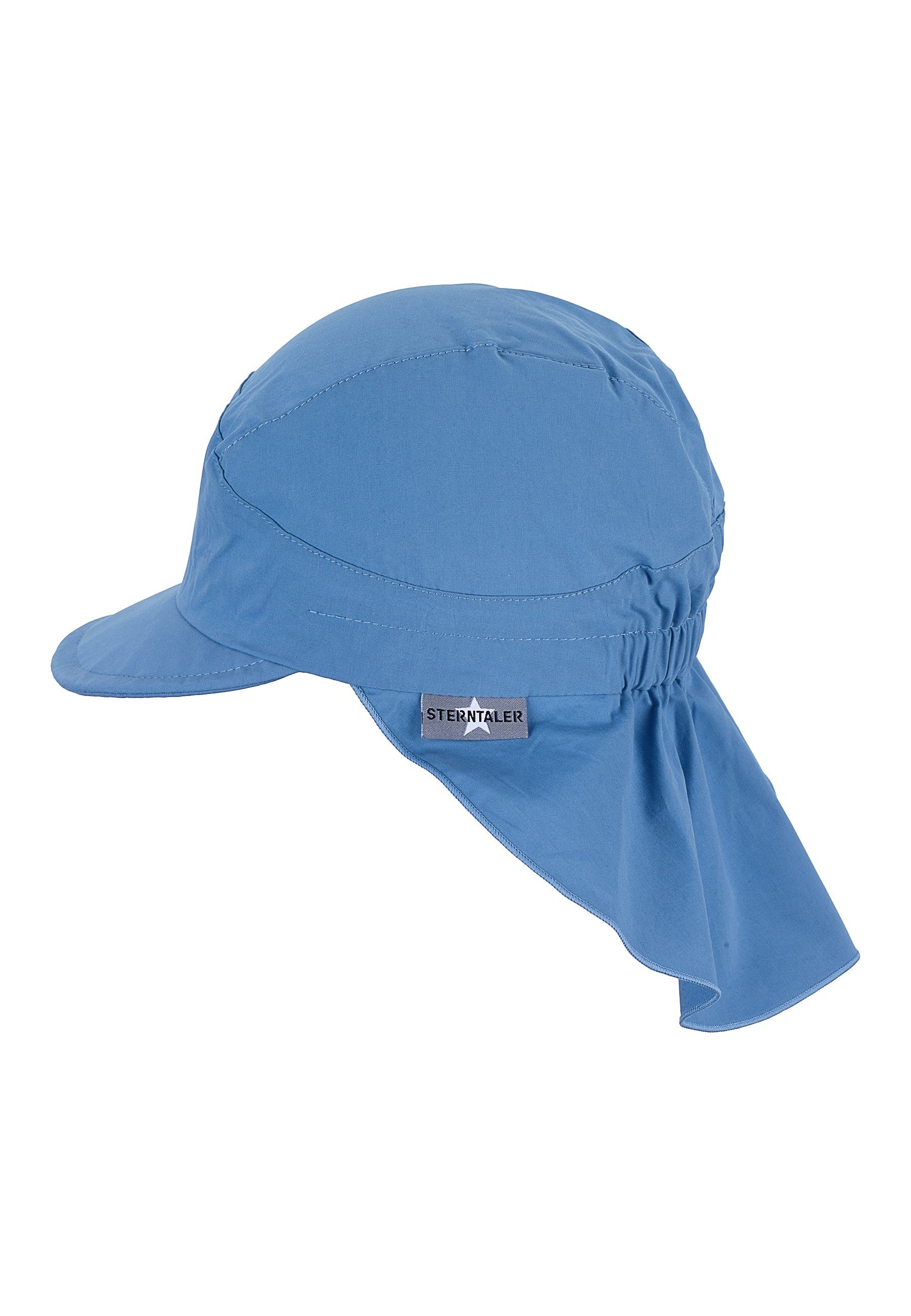 aus Beanie Sterntaler® UV-Sonnenschutz bedruckt mid mit Nackenschutz (1-St., 50) unifarben Erstlingsmütze mit Schirmmütze UV-Popeline mit Schirm blue Sternen Kindermütze