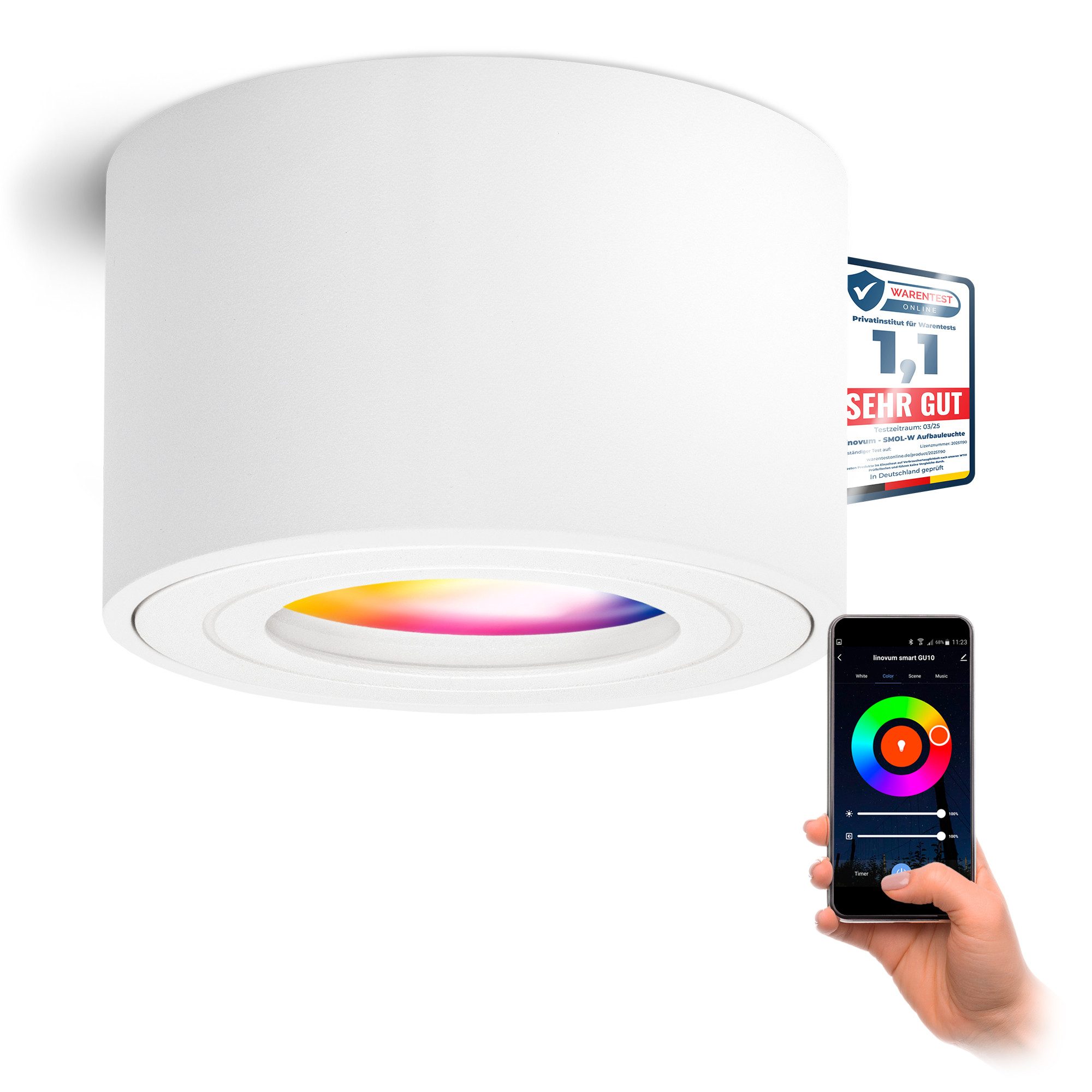 linovum LED Außen-Deckenleuchte Aufbauleuchte SMOL-W weiss IP44 matt & rund inkl. Smart LED Modul RGB, Smart