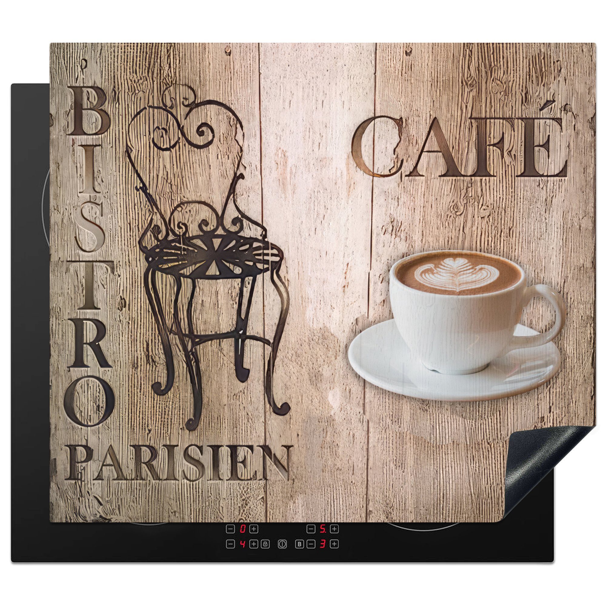 MuchoWow Herdblende-/Abdeckplatte Bistro Parisien - Café - Kaffee - Jahrgang, Vinyl, (1 tlg), 60x52 cm, Mobile Arbeitsfläche nutzbar, Ceranfeldabdeckung