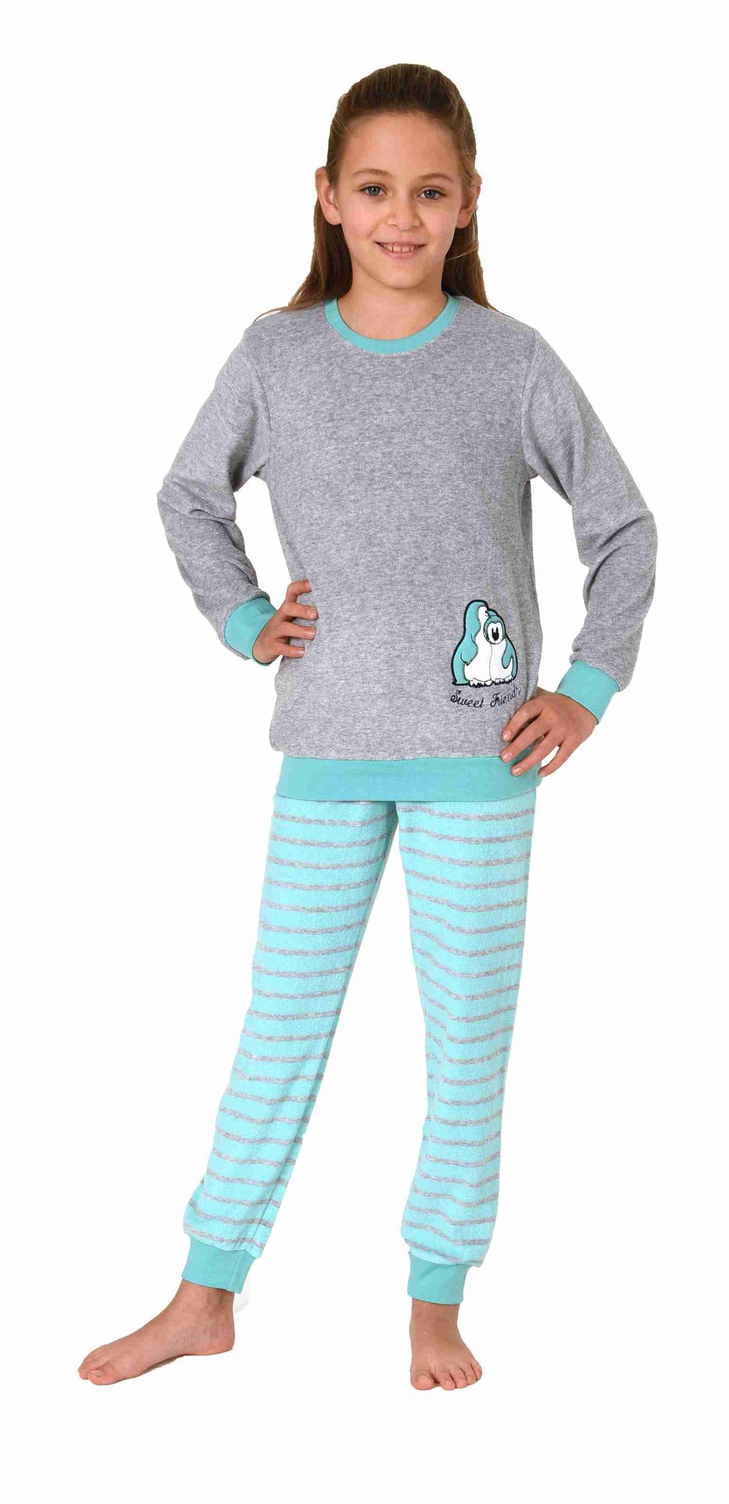Normann Pyjama Mädchen Frottee Schlafanzug mit Bündchen und Pinguin-Stickerei mint | Pyjamas