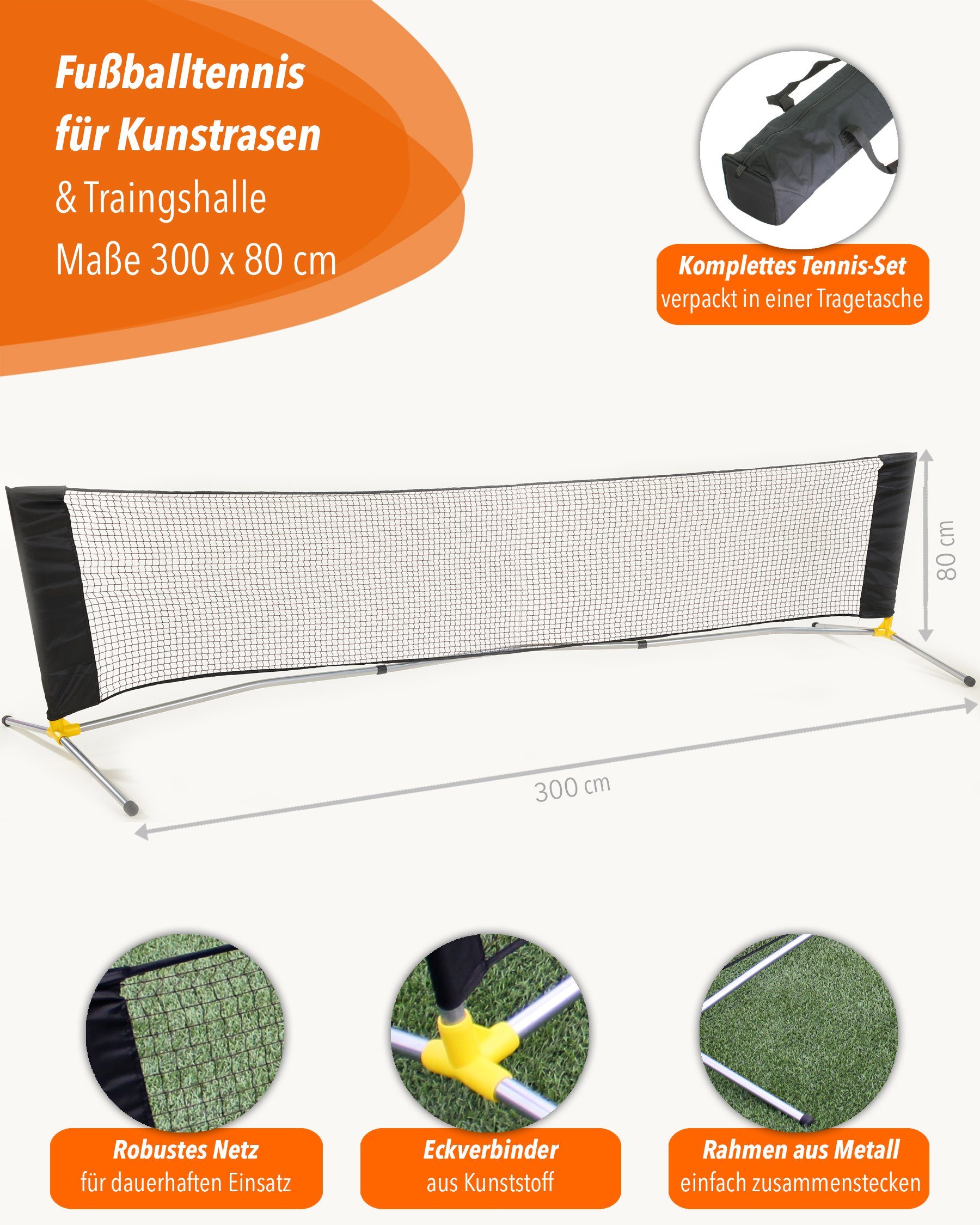 SPORTIKEL24 Multifunktionsnetz Transportables Fußballtennis für alle Böden, 300 cm breit, 80 cm hoch