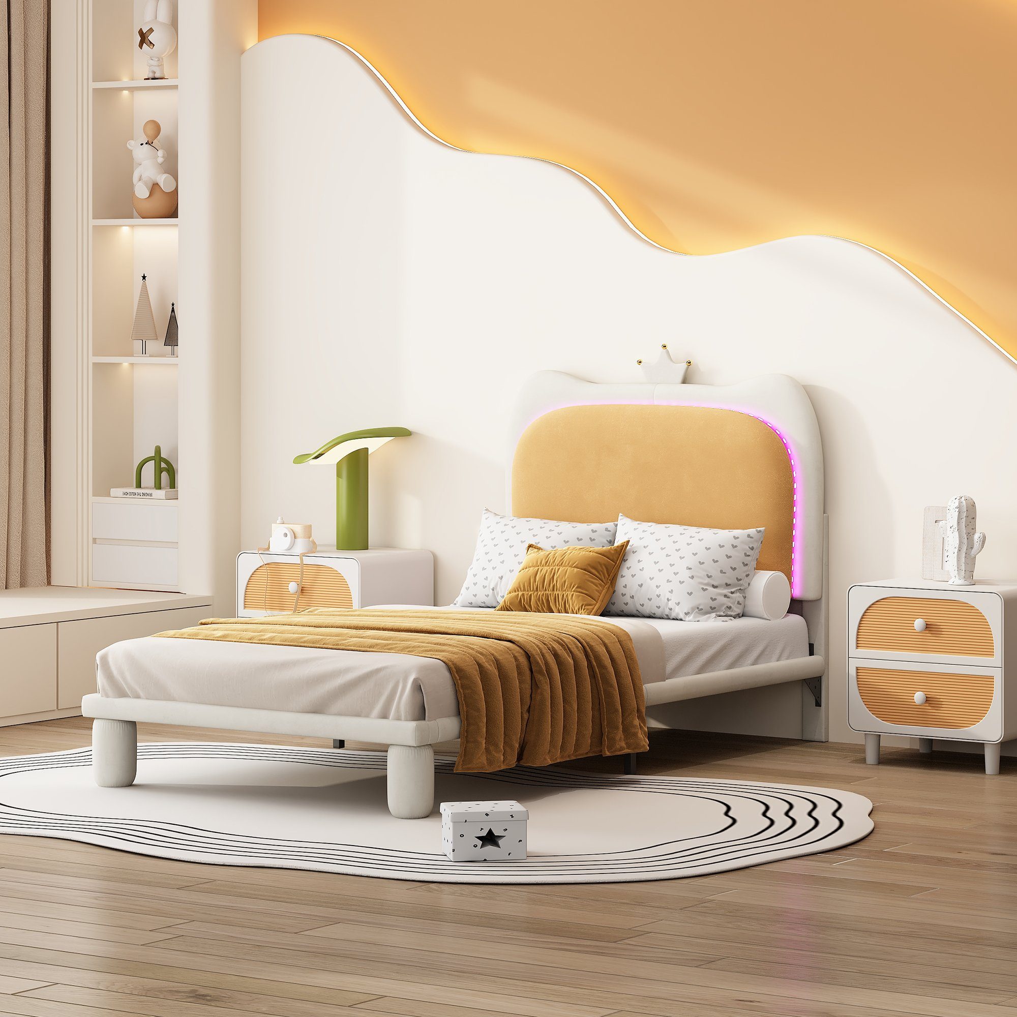 Flieks Polsterbett, LED Beleuchtung Kinderbett Einzelbett mit Krone am Kopfteil 90x200cm