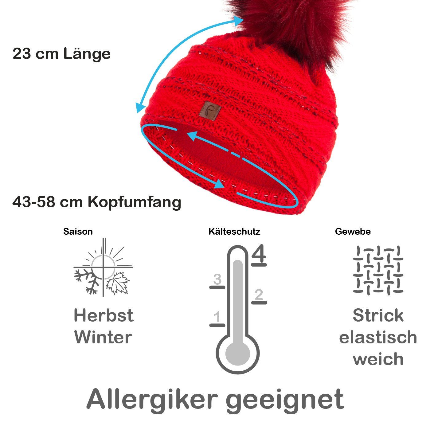 Pailletten Faera Haube Winter gefüttert Strickmütze Bommelmütze rot Wintermütze Mütze Damen