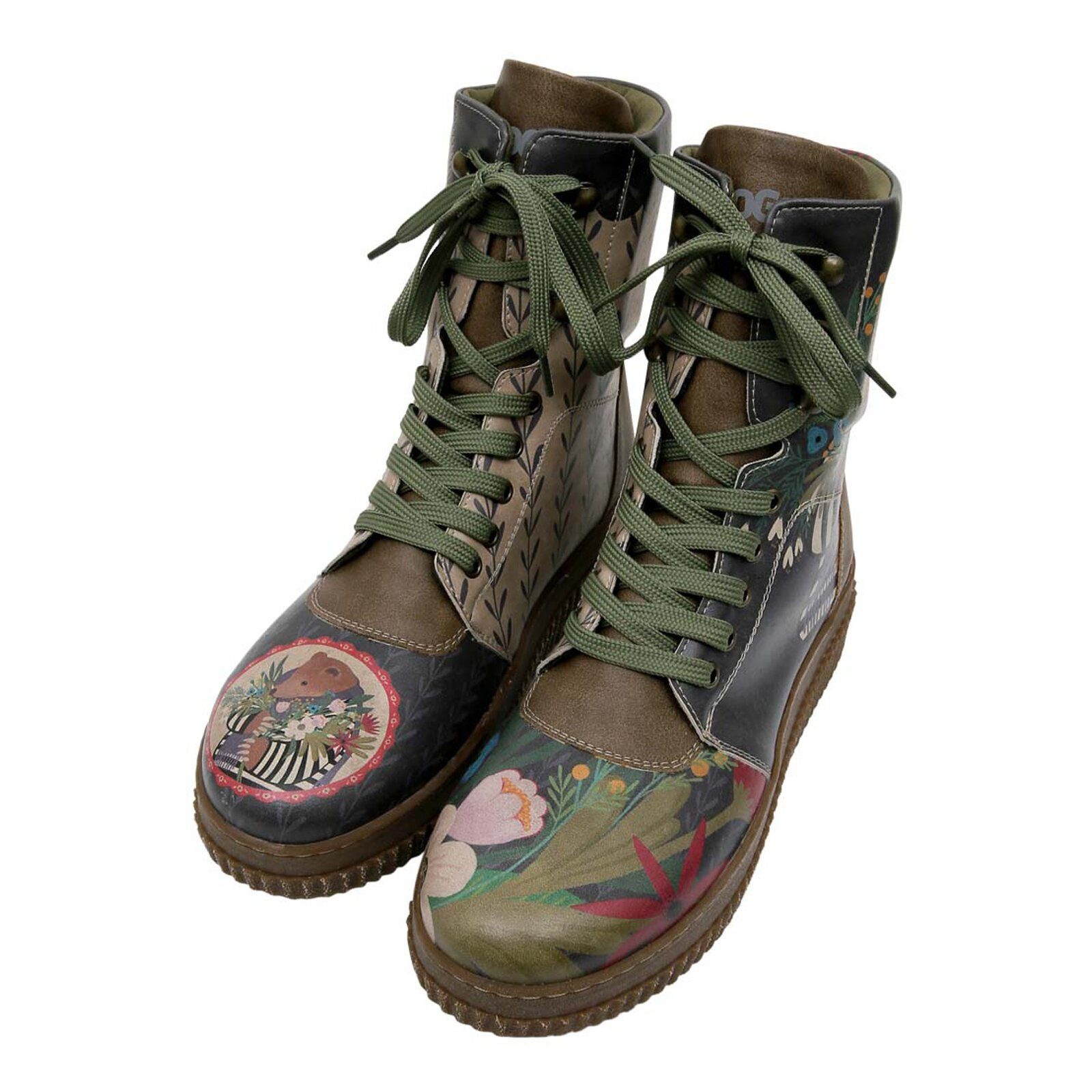 DOGO Future High Top Boots Bear And Flowers Damen Stiefeletten Schnürboots Handgefertigt