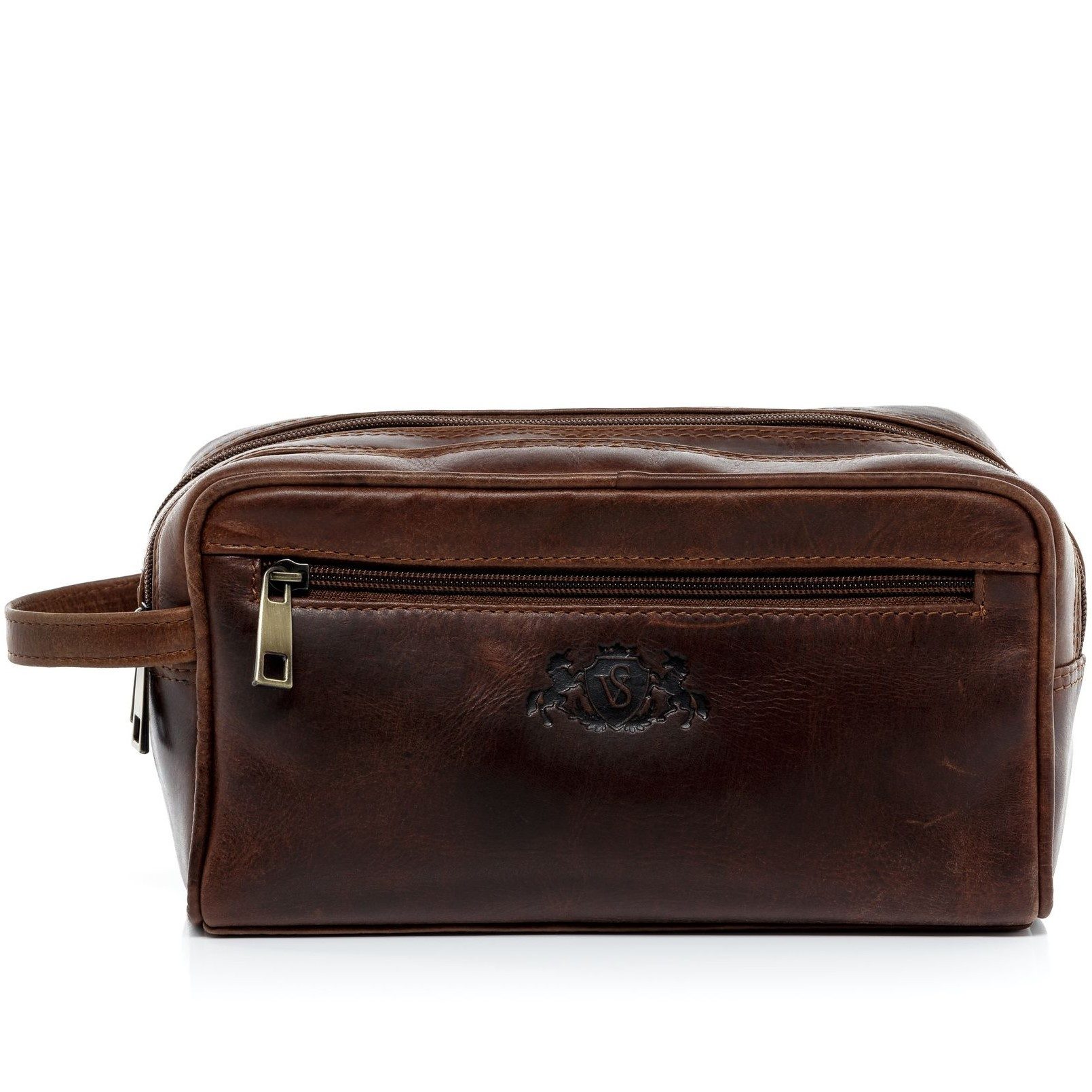 SID & VAIN Kulturbeutel echt Leder Kulturtasche groß braun GATWICK, Waschbeutel Echtleder für Damen & Herren, Kosmetiktasche braun-cognac