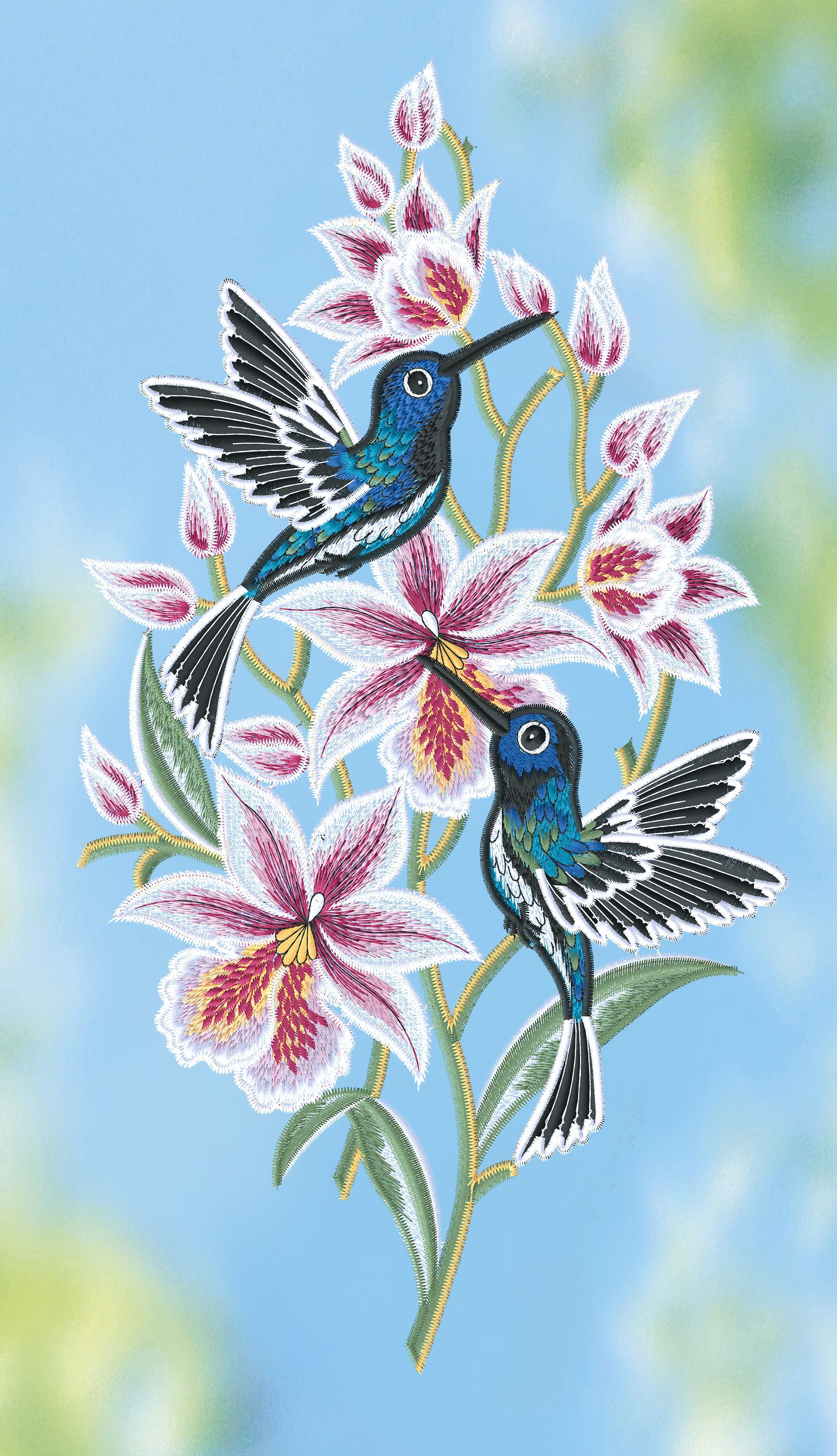 Plauener Spitze® Fensterbild Kolibris mit Orchideen, HxB 38x20cm