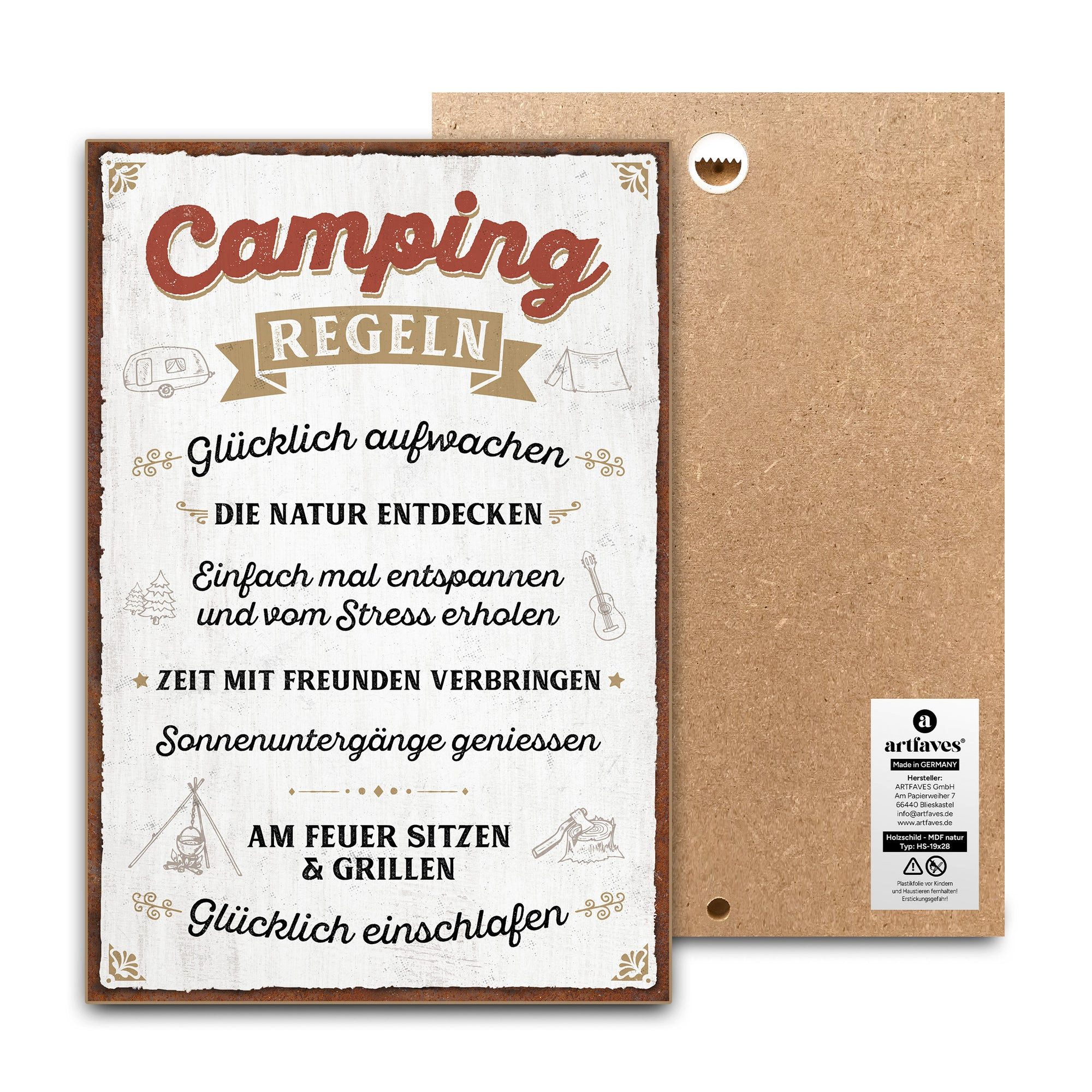ARTFAVES Holzbild Schild mit Spruch - Camping Regeln - Camper, Camping