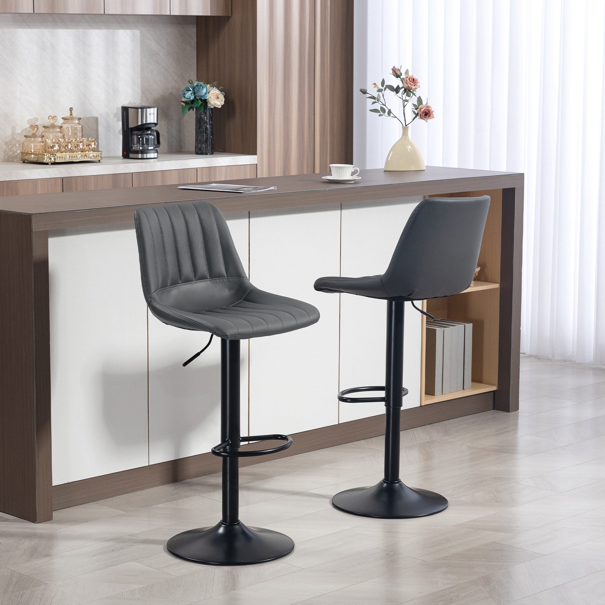 HOMCOM Barhocker Barhocker 2er Set, 360° Drehbar Gepolstert Barstuhl (Höhenverstellbar Tresenhocker, 2 St., 360° Drehbar Gepolstert Barstuhl), für Küche, Wohnzimmer, Esszimmer Dunkelgrau